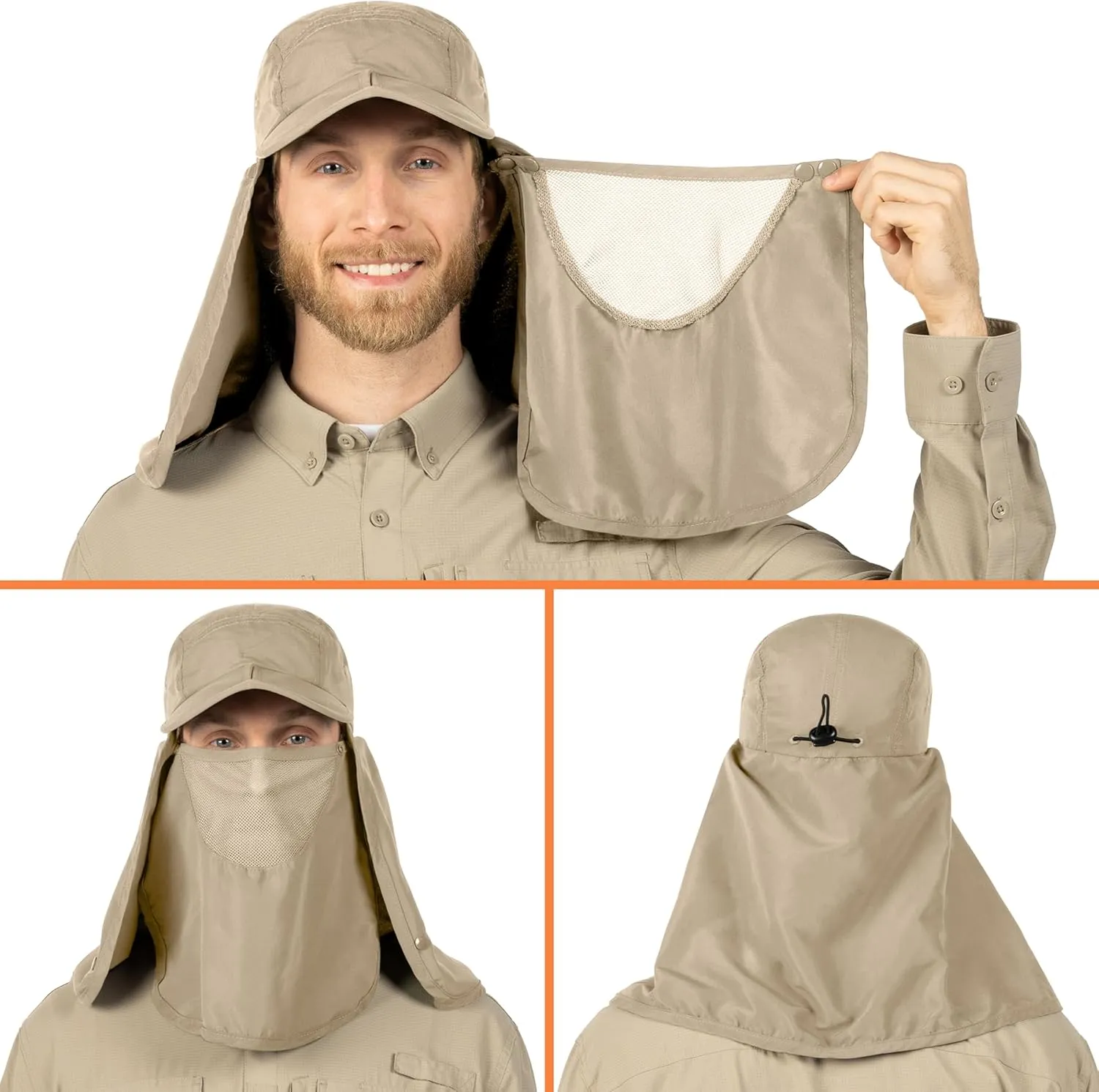 SUN CUBE Fishing Sun Hat with Neck Flap for Men UV Protection Cover Outdoor Bucket Cap with Face Covering for Hiking Running