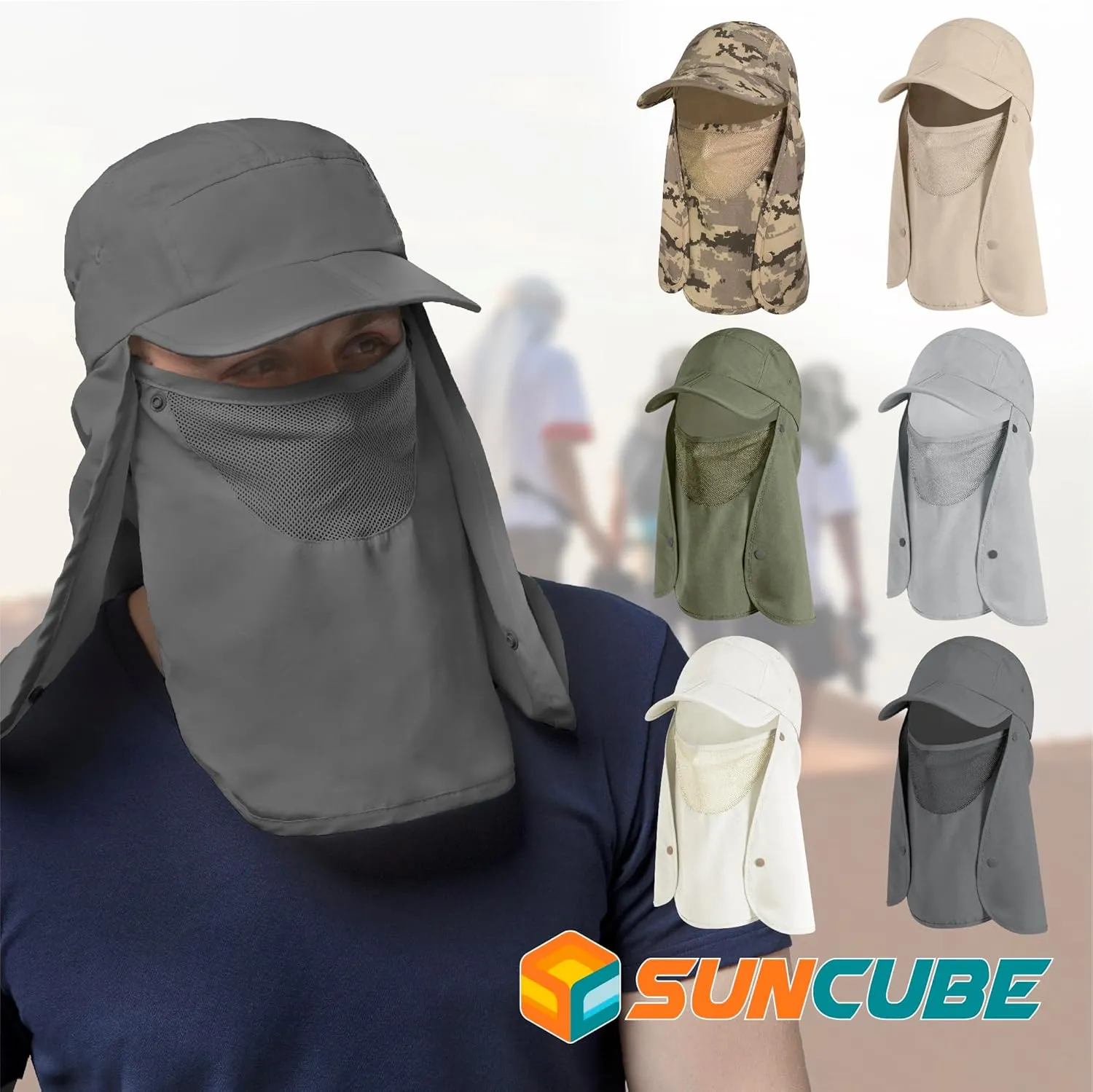 SUN CUBE Fishing Sun Hat with Neck Flap for Men UV Protection Cover Outdoor Bucket Cap with Face Covering for Hiking Running