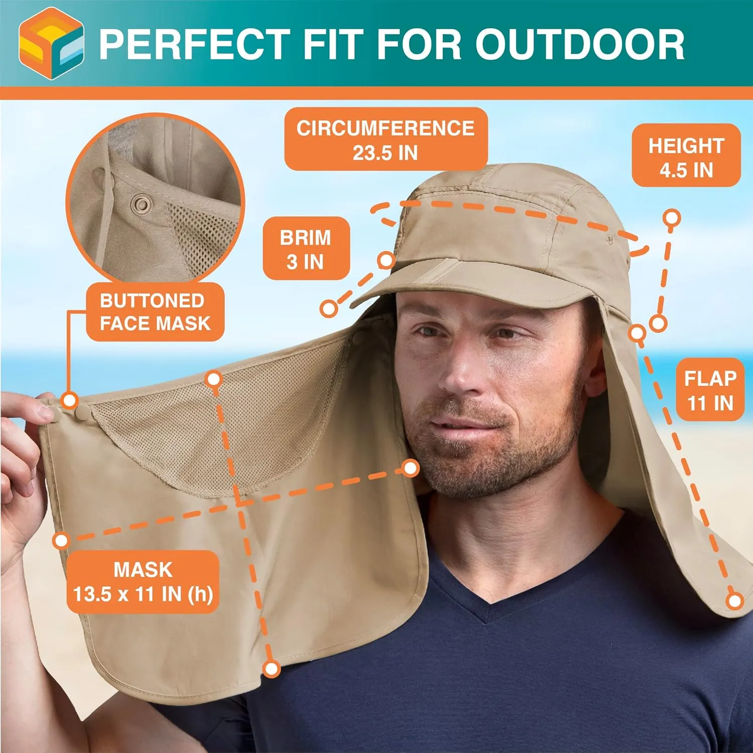SUN CUBE Fishing Sun Hat with Neck Flap for Men UV Protection Cover Outdoor Bucket Cap with Face Covering for Hiking Running