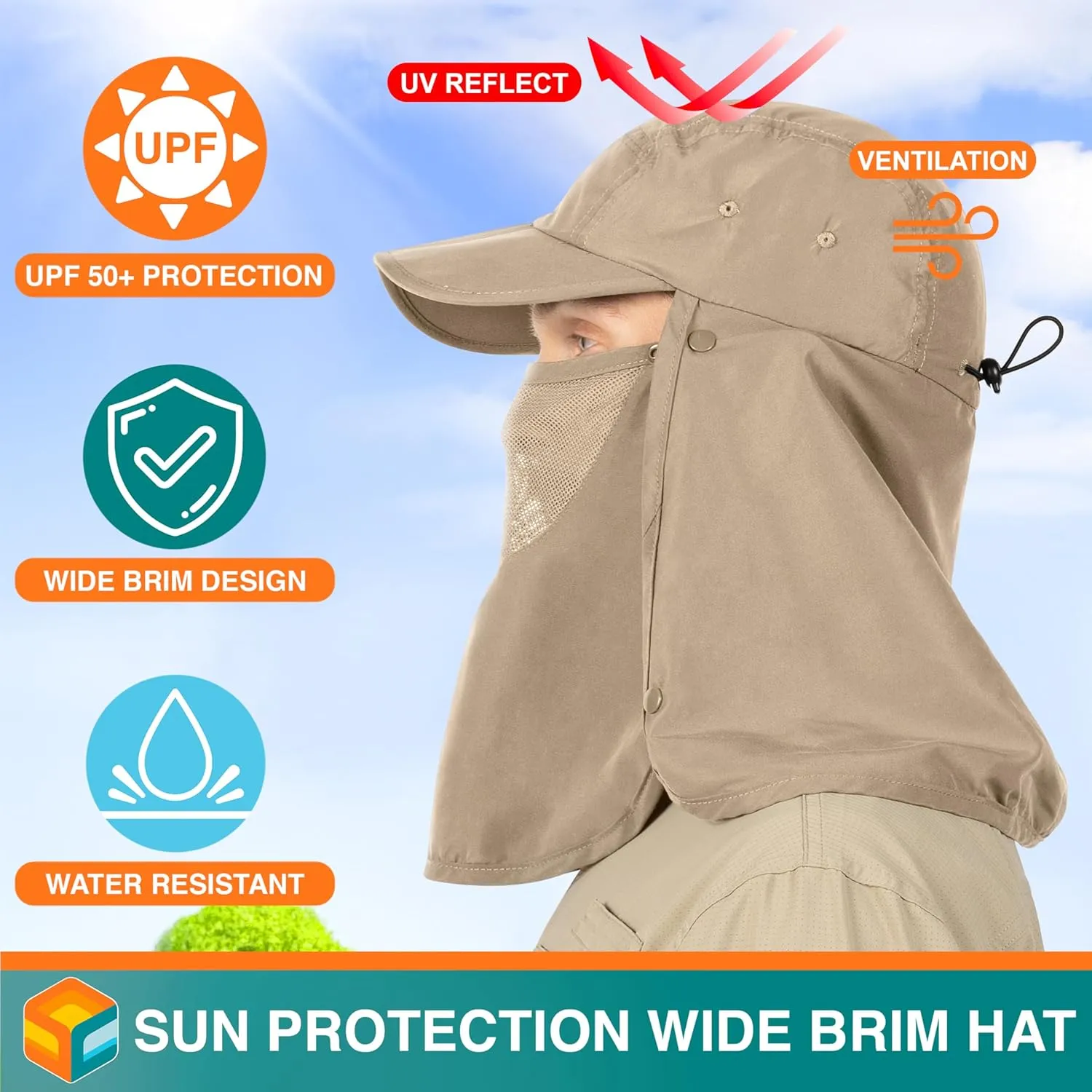 SUN CUBE Fishing Sun Hat with Neck Flap for Men UV Protection Cover Outdoor Bucket Cap with Face Covering for Hiking Running