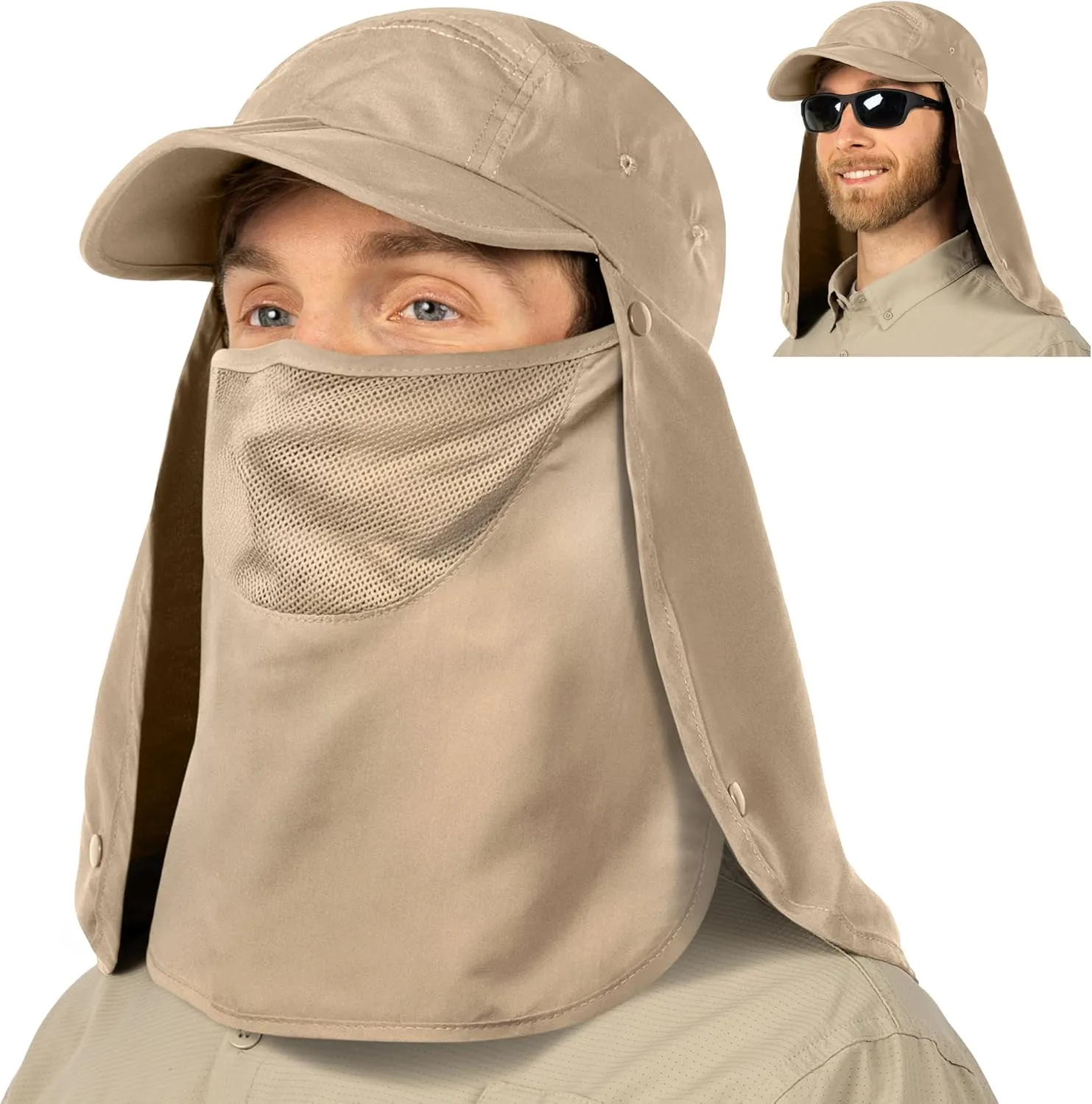 SUN CUBE Fishing Sun Hat with Neck Flap for Men UV Protection Cover Outdoor Bucket Cap with Face Covering for Hiking Running