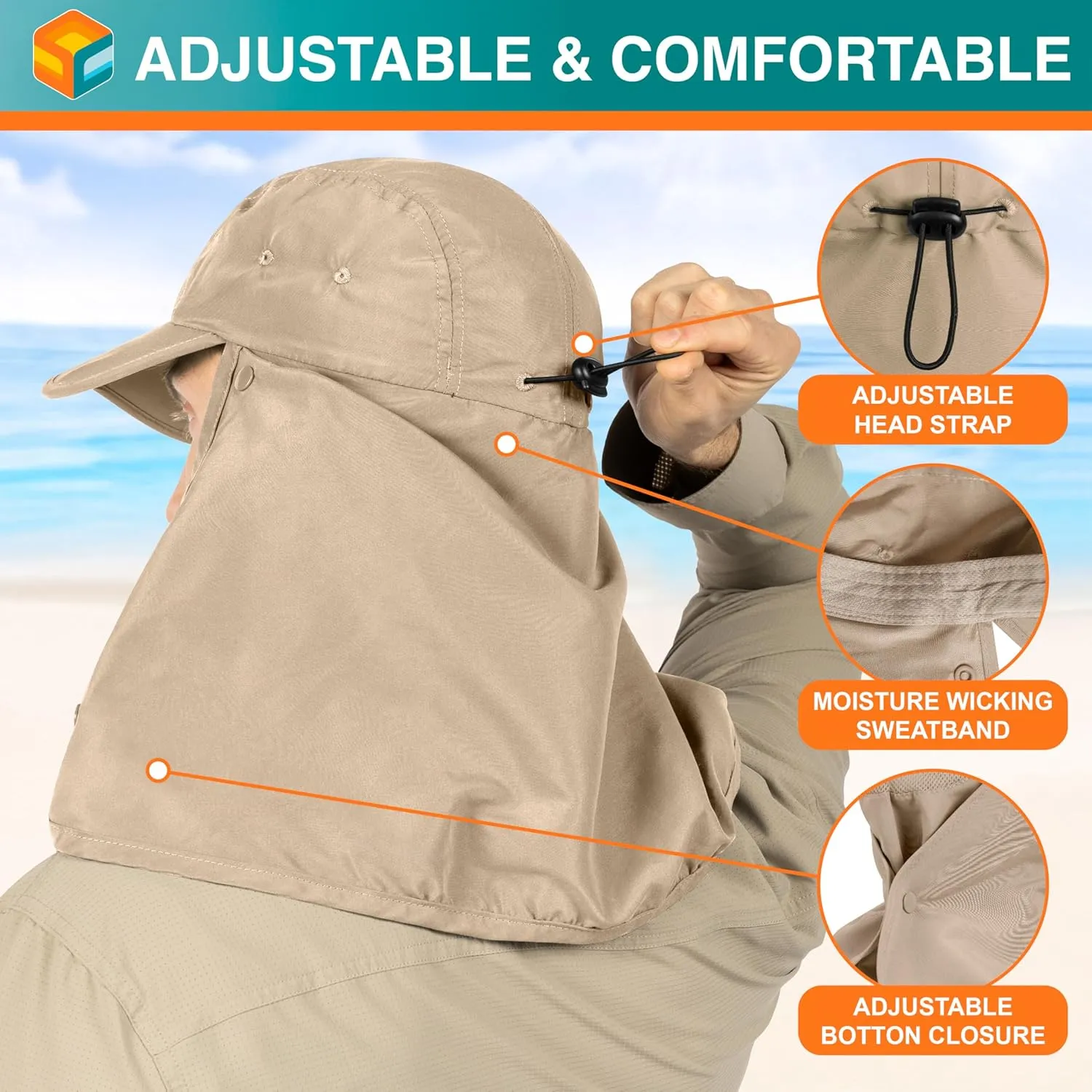 SUN CUBE Fishing Sun Hat with Neck Flap for Men UV Protection Cover Outdoor Bucket Cap with Face Covering for Hiking Running