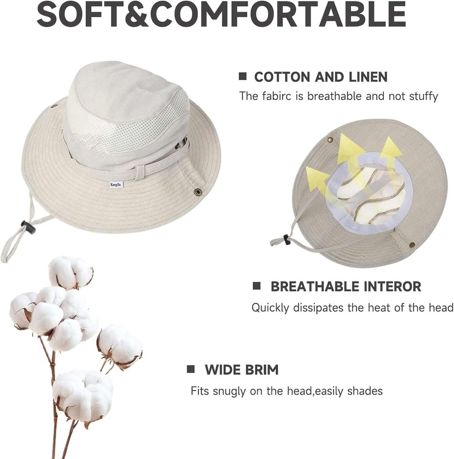 Sun Hat for Men, Cotton Embroidery Summer Outdoor Sun Protection Wide Brim Bucket Hat Foldable Safari Boonie Hat