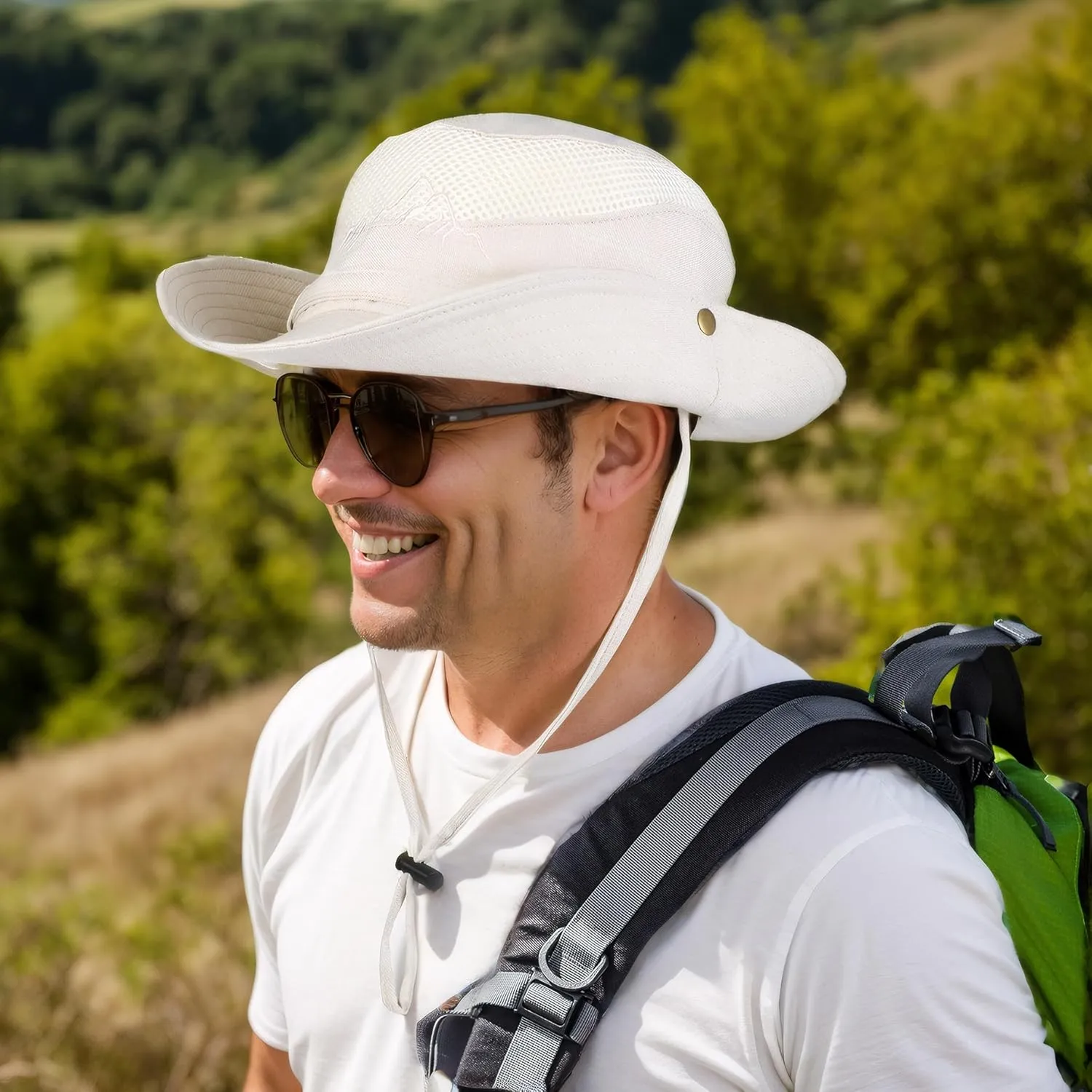 Sun Hat for Men, Cotton Embroidery Summer Outdoor Sun Protection Wide Brim Bucket Hat Foldable Safari Boonie Hat