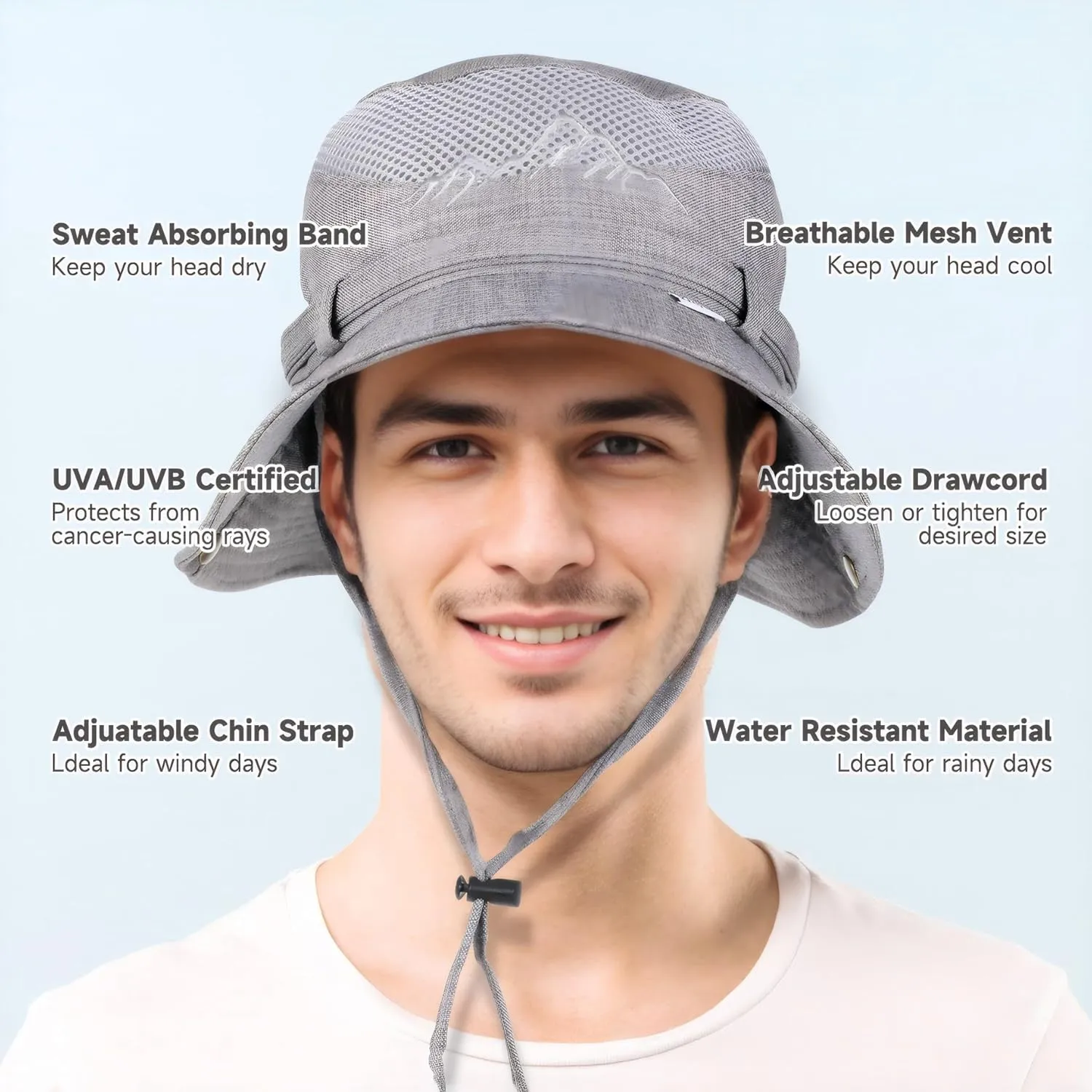 Sun Hat for Men, Cotton Embroidery Summer Outdoor Sun Protection Wide Brim Bucket Hat Foldable Safari Boonie Hat