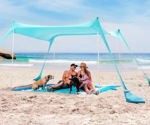 SUN NINJA Beach Tent Shelter with UPF50  Protection, Includes Sand Shovel, Ground Pegs, Stability Poles, Outdoor Pop Up Shade Canopy for Camping, Fishing, Backyard Fun