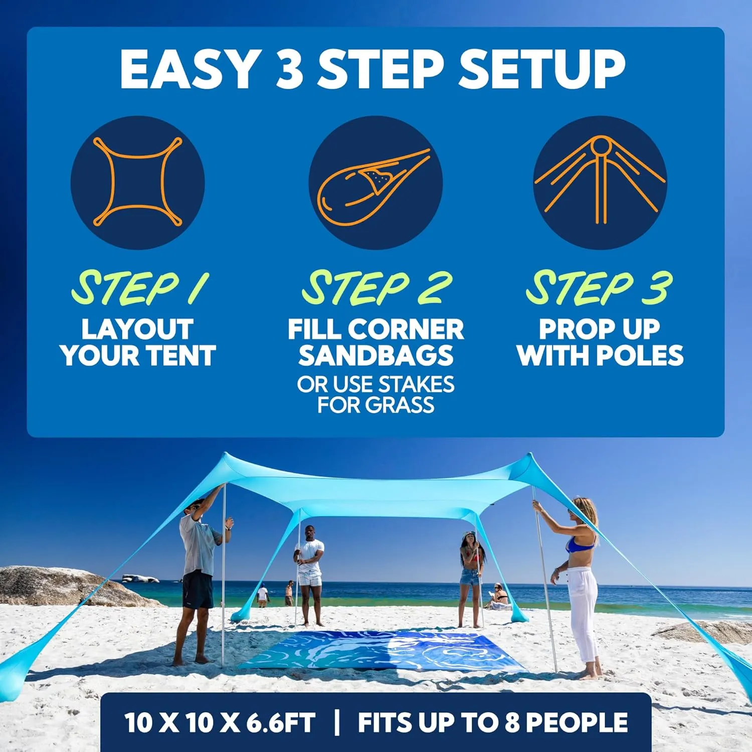 SUN NINJA Beach Tent Shelter with UPF50  Protection, Includes Sand Shovel, Ground Pegs, Stability Poles, Outdoor Pop Up Shade Canopy for Camping, Fishing, Backyard Fun