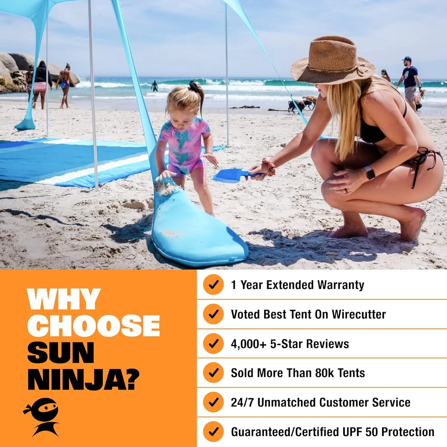 SUN NINJA Pop Up Beach Tent Sun Shelter UPF50  with Sand Shovel, Ground Pegs and Stability Poles, Outdoor Shade for Camping Trips, Fishing, Backyard Fun or Picnics (10x10 FT 4 Pole, Green)