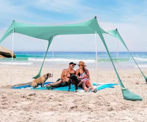 SUN NINJA Pop Up Beach Tent Sun Shelter UPF50  with Sand Shovel, Ground Pegs and Stability Poles, Outdoor Shade for Camping Trips, Fishing, Backyard Fun or Picnics (10x10 FT 4 Pole, Green)