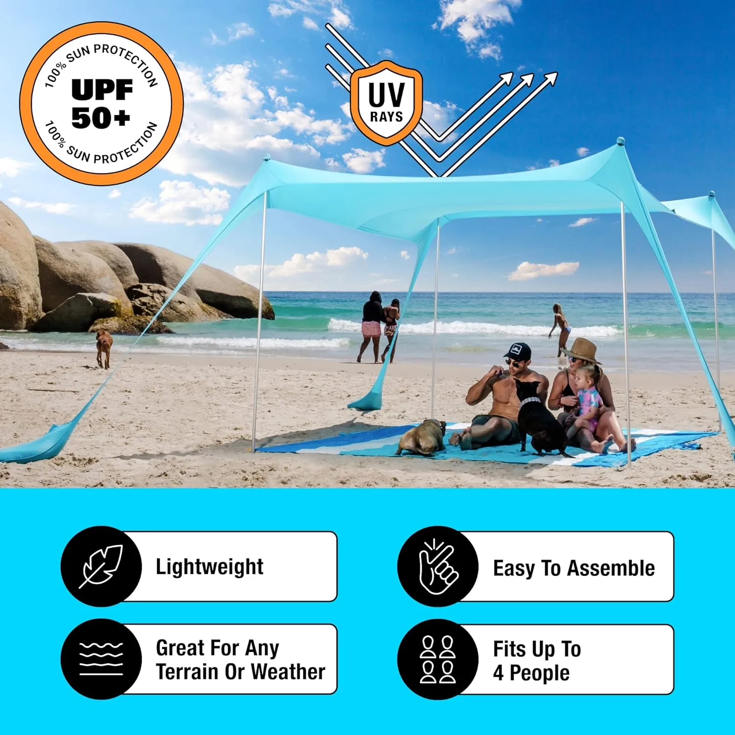 SUN NINJA Pop Up Beach Tent Sun Shelter UPF50  with Sand Shovel, Ground Pegs and Stability Poles, Outdoor Shade for Camping Trips, Fishing, Backyard Fun or Picnics (7x7.5 FT 4 Pole, Royal Blue)
