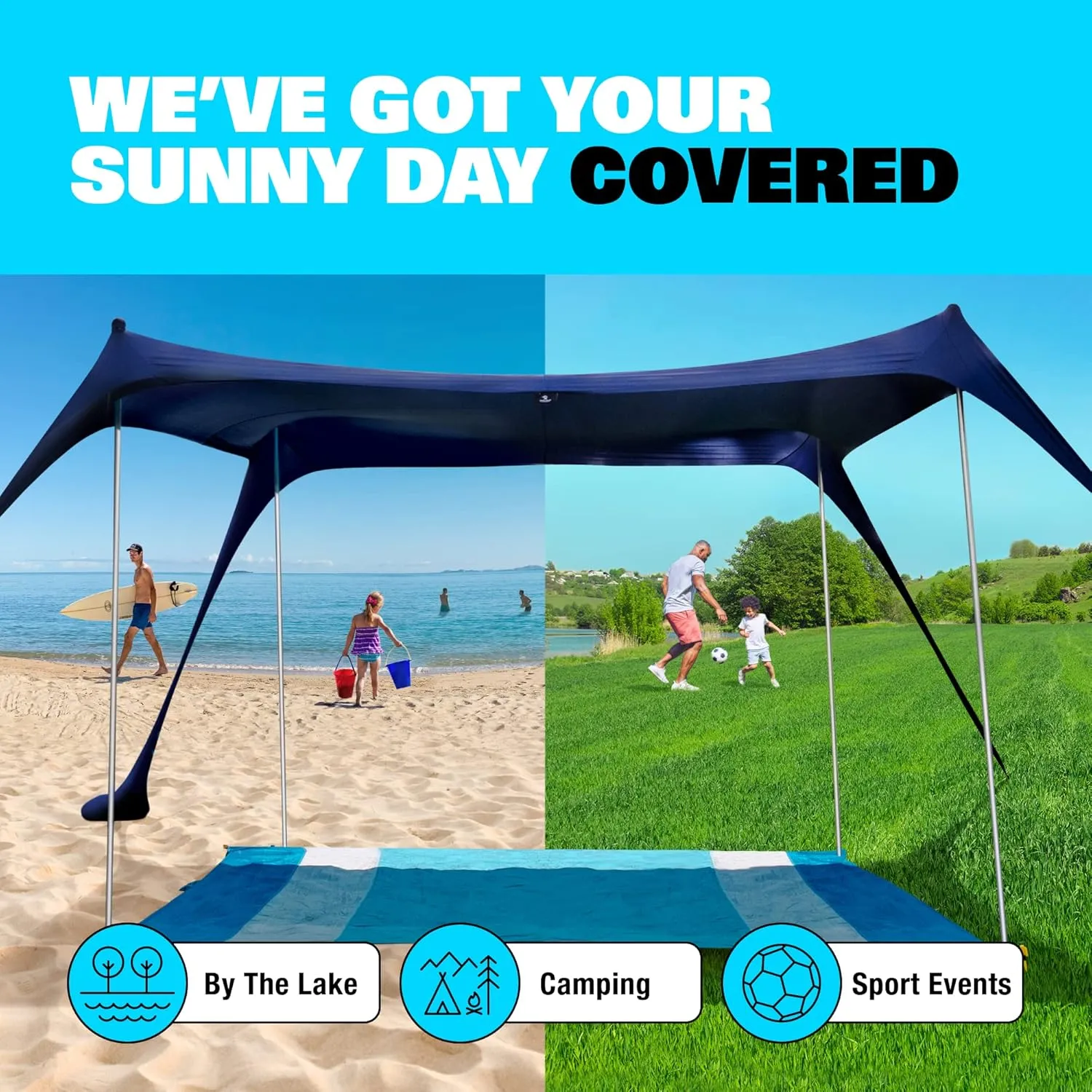 SUN NINJA Pop Up Beach Tent Sun Shelter UPF50  with Sand Shovel, Ground Pegs and Stability Poles, Outdoor Shade for Camping Trips, Fishing, Backyard Fun or Picnics (7x7.5 FT 4 Pole, Royal Blue)