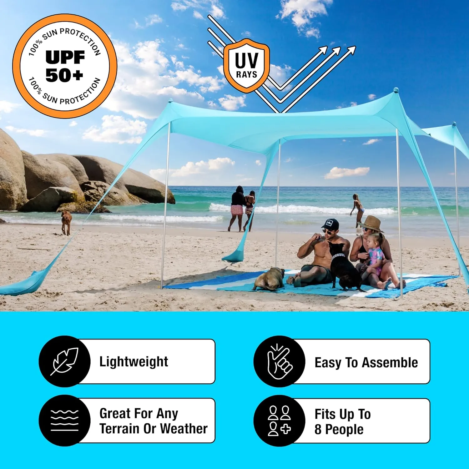 SUN NINJA Pop Up Beach Tent Sun Shelter UPF50  with Sand Shovel, Ground Pegs and Stability Poles, Outdoor Shade for Camping Trips, Fishing, Backyard Fun or Picnics