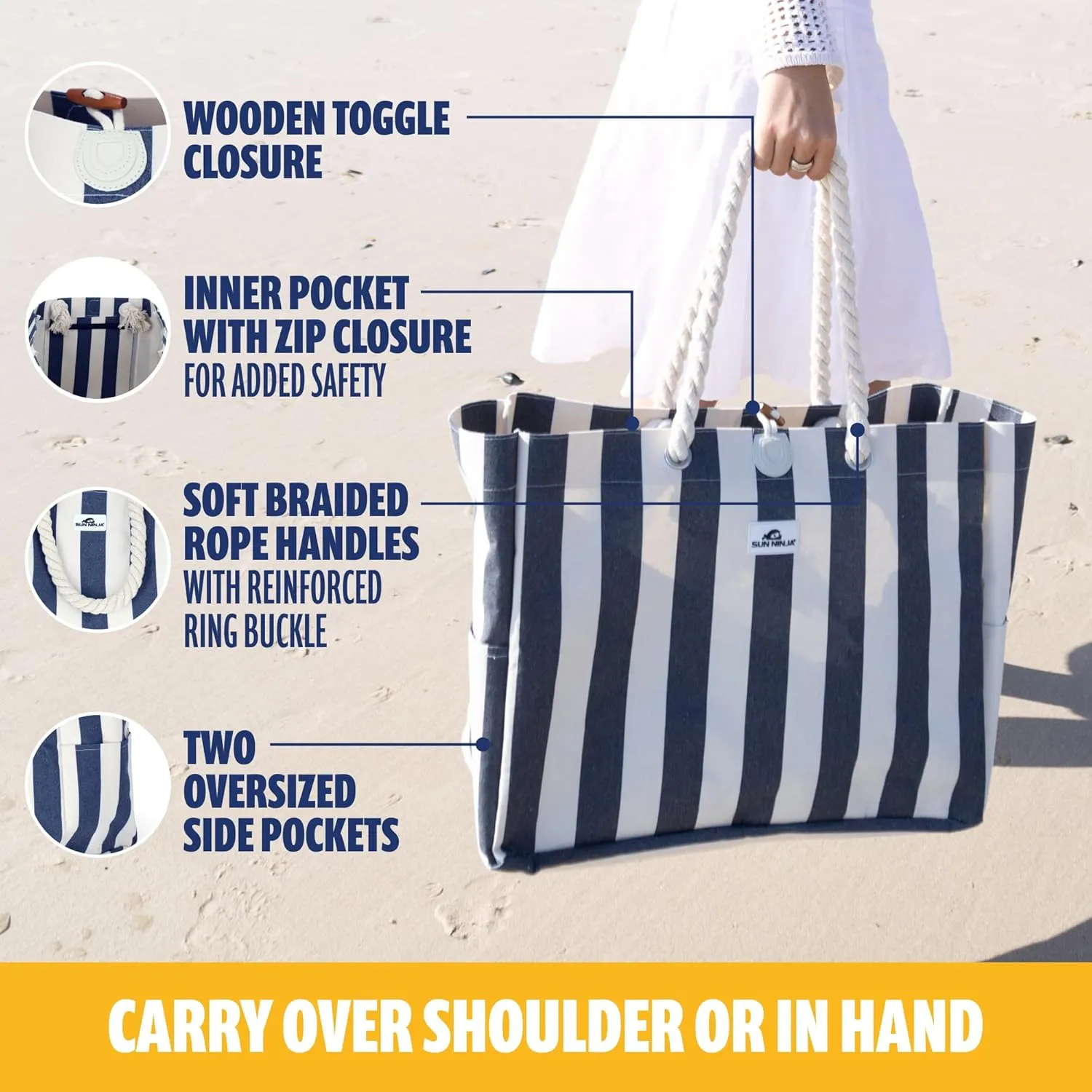SUN NINJA XL Canvas Beach Tote Bag - Water-Resistant with Pockets - Large Pool Summer Tote, Cute Travel Beach Bag
