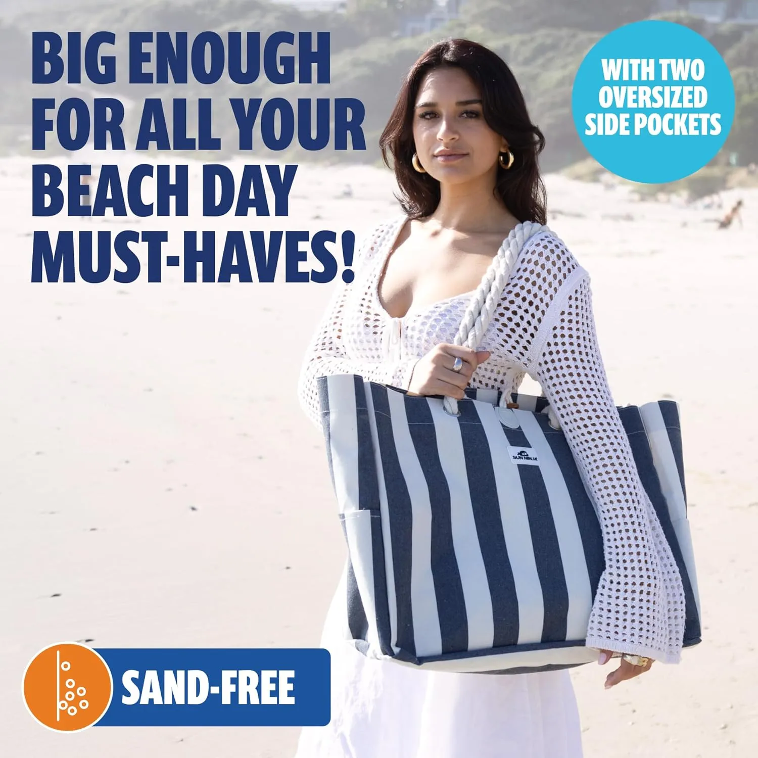 SUN NINJA XL Canvas Beach Tote Bag - Water-Resistant with Pockets - Large Pool Summer Tote, Cute Travel Beach Bag