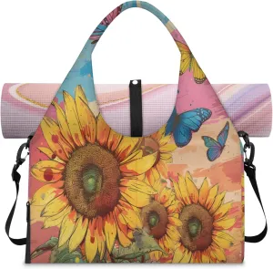 Sunflower Butterfly Women's Yoga Gym Bag - Adjustable shoulder strap with shoe compartment, large gym bag with multiple pockets for yoga mat, gym equipment and travel accessories