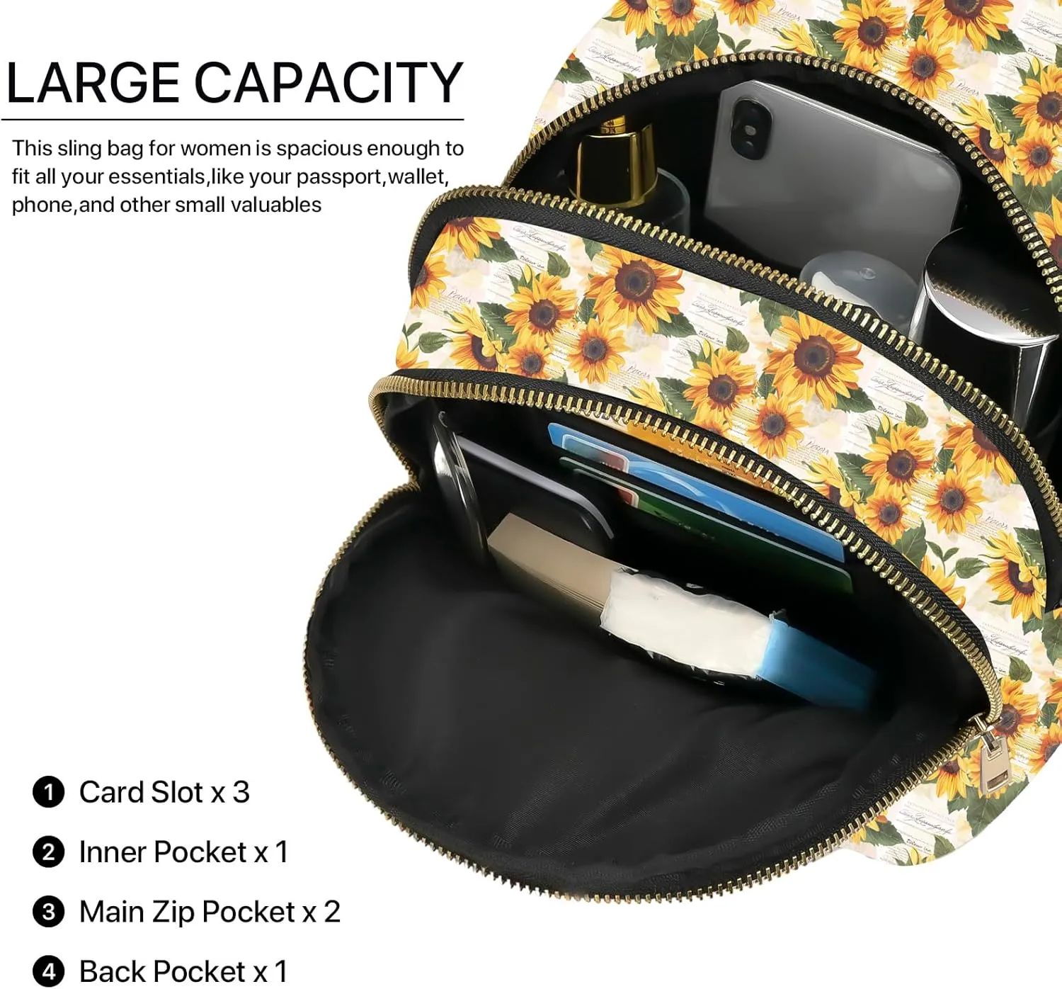 Sunflower Leather Sling Bag Small Crossbody Backpack Travel One Shoulder Pack Hiking chest Daypack for Women Adjustable Lightweight Outdoor Waterproof Workout