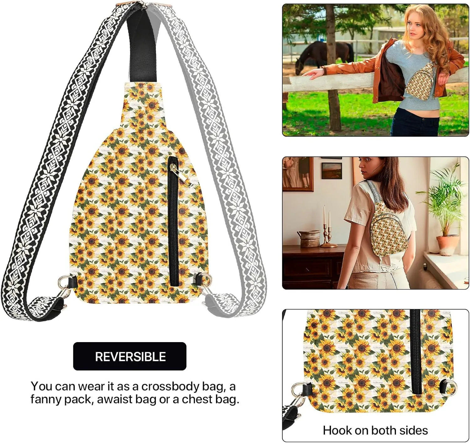 Sunflower Leather Sling Bag Small Crossbody Backpack Travel One Shoulder Pack Hiking chest Daypack for Women Adjustable Lightweight Outdoor Waterproof Workout