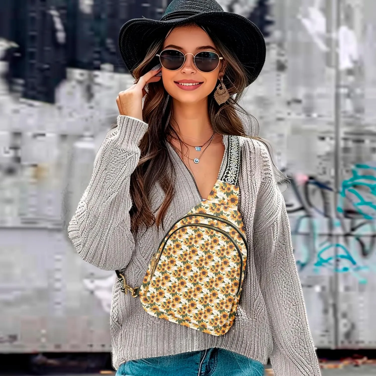 Sunflower Leather Sling Bag Small Crossbody Backpack Travel One Shoulder Pack Hiking chest Daypack for Women Adjustable Lightweight Outdoor Waterproof Workout