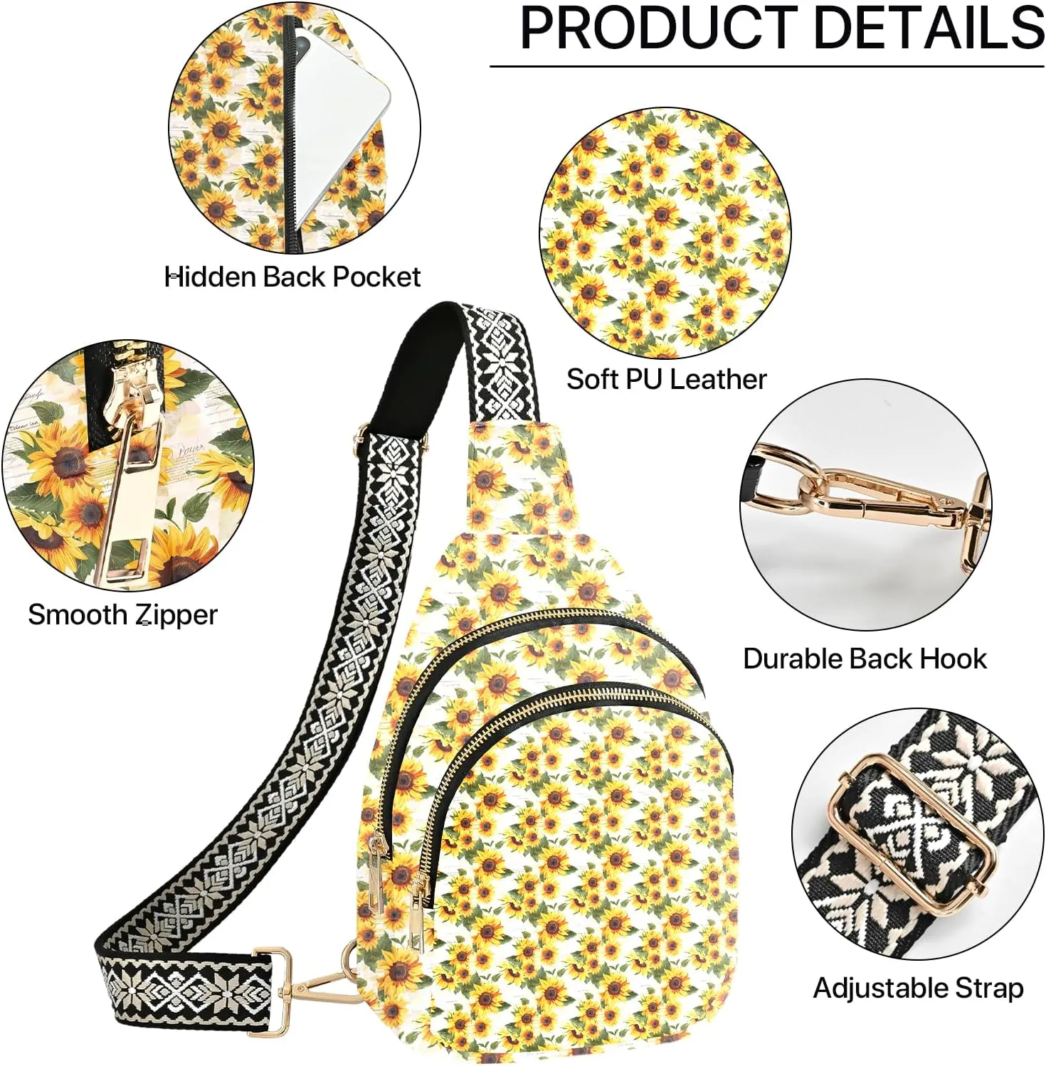 Sunflower Leather Sling Bag Small Crossbody Backpack Travel One Shoulder Pack Hiking chest Daypack for Women Adjustable Lightweight Outdoor Waterproof Workout