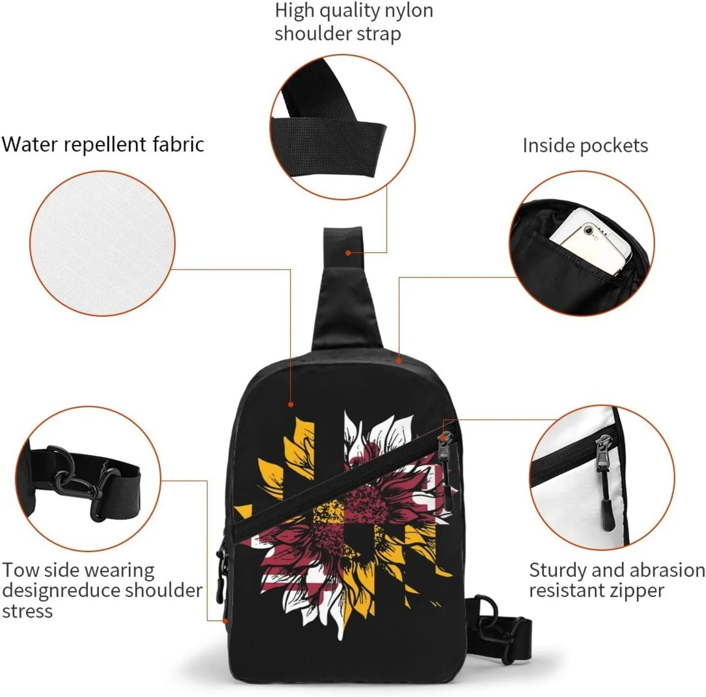 Sunflower Maryland Flag Packable Crossbody Bag Portable Sling Bags Foldable Travel Daypack Reusable Sports Shoulder Backpack Diagonally Chest Bag for Workout