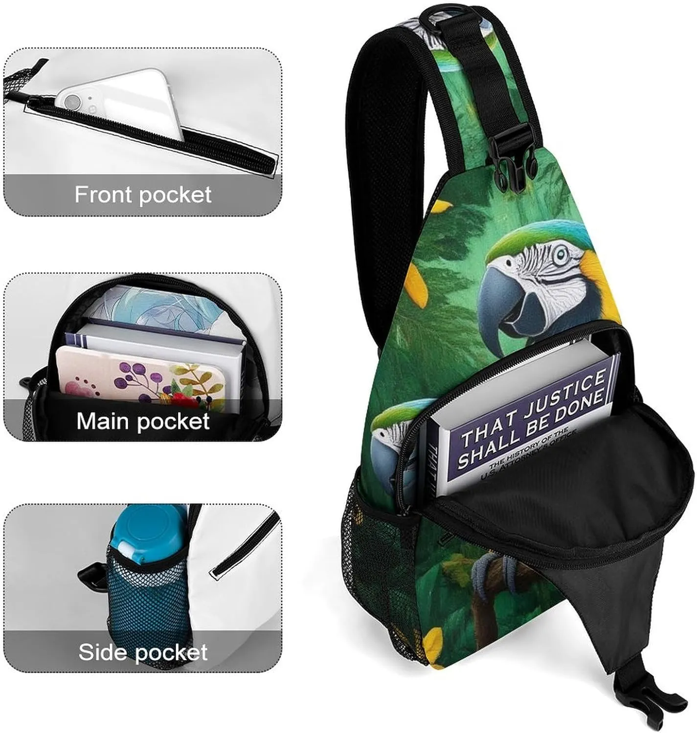 Supdreamc Cute Sling Shoulder Backpack, Backpacking, Parrots Art Crossbody Rucksack, Tote Bags, Gym Crossbody Sack Satchel Outdoor Hiking Bag for Man Women Lady