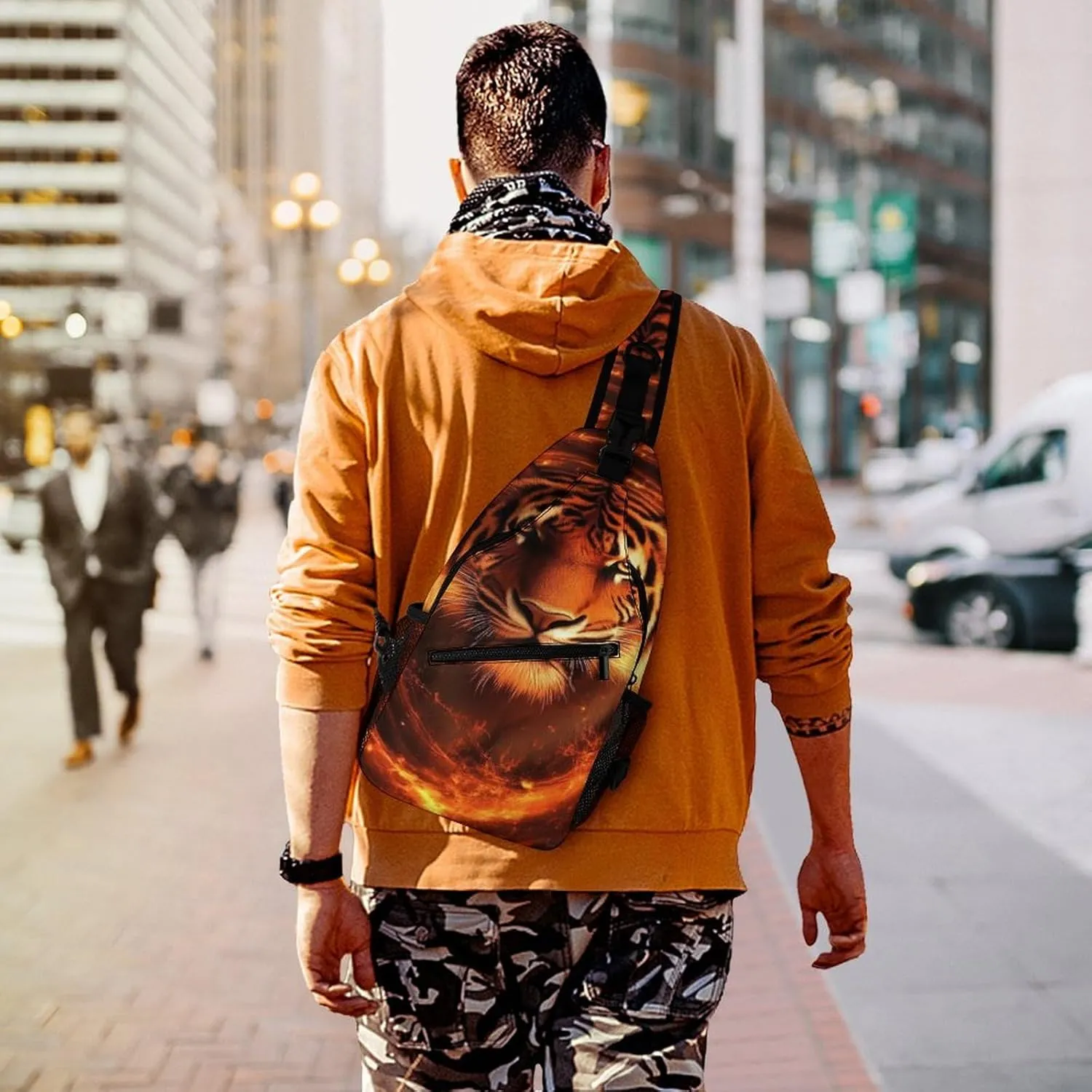 Supdreamc Men & Women Sling Backpack Casual Carrying Tote Case Crossbody Travel Bag - Multipurpose Anti-Theft Tote Bags, Wild Angry Animal King Fire Flame Tiger Small Crossbody Chest Rucksack