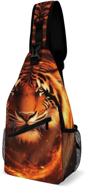 Supdreamc Men & Women Sling Backpack Casual Carrying Tote Case Crossbody Travel Bag - Multipurpose Anti-Theft Tote Bags, Wild Angry Animal King Fire Flame Tiger Small Crossbody Chest Rucksack