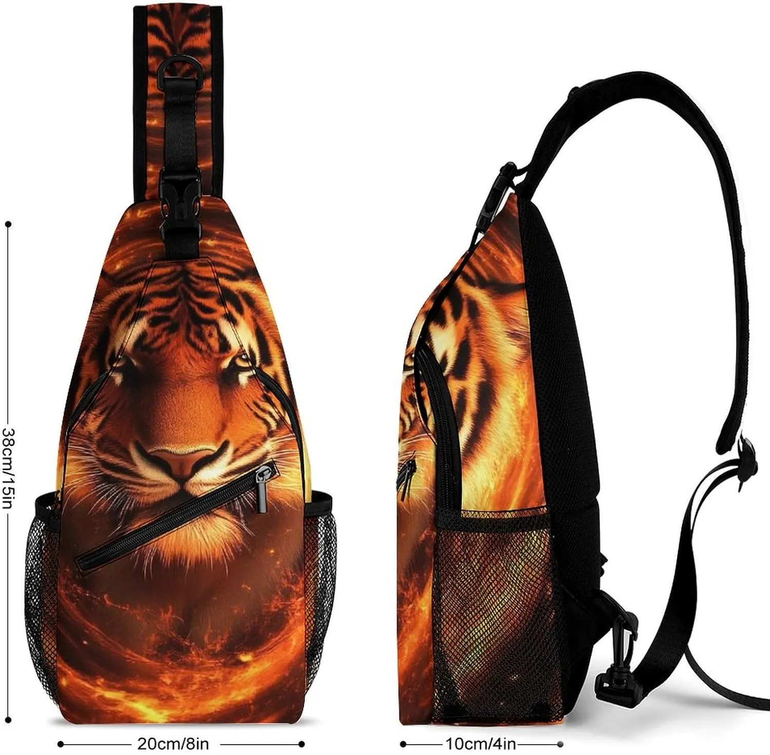 Supdreamc Men & Women Sling Backpack Casual Carrying Tote Case Crossbody Travel Bag - Multipurpose Anti-Theft Tote Bags, Wild Angry Animal King Fire Flame Tiger Small Crossbody Chest Rucksack