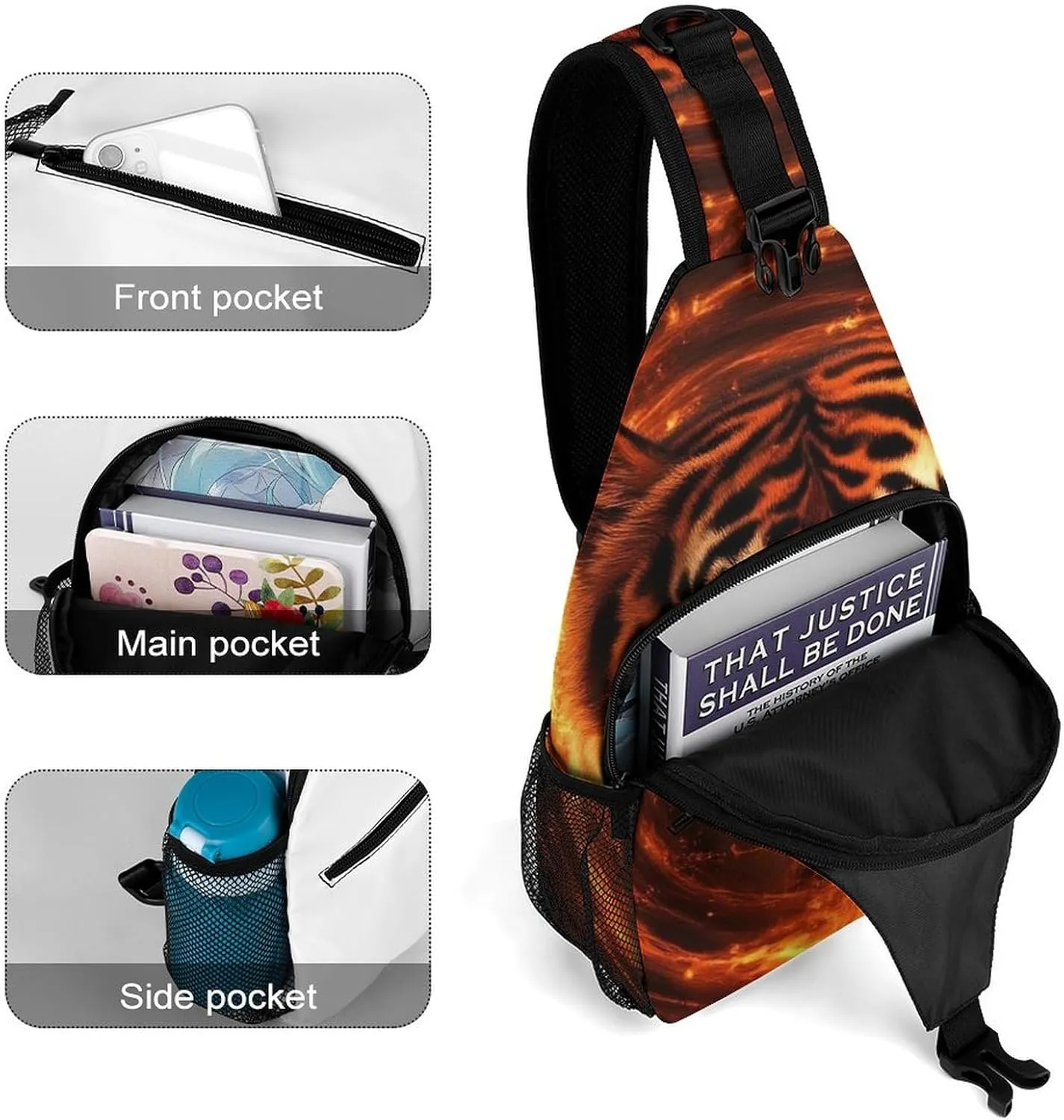 Supdreamc Men & Women Sling Backpack Casual Carrying Tote Case Crossbody Travel Bag - Multipurpose Anti-Theft Tote Bags, Wild Angry Animal King Fire Flame Tiger Small Crossbody Chest Rucksack