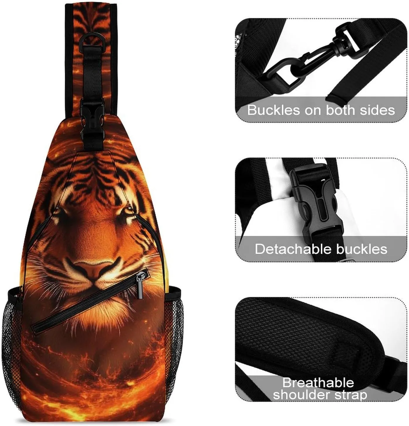 Supdreamc Men & Women Sling Backpack Casual Carrying Tote Case Crossbody Travel Bag - Multipurpose Anti-Theft Tote Bags, Wild Angry Animal King Fire Flame Tiger Small Crossbody Chest Rucksack