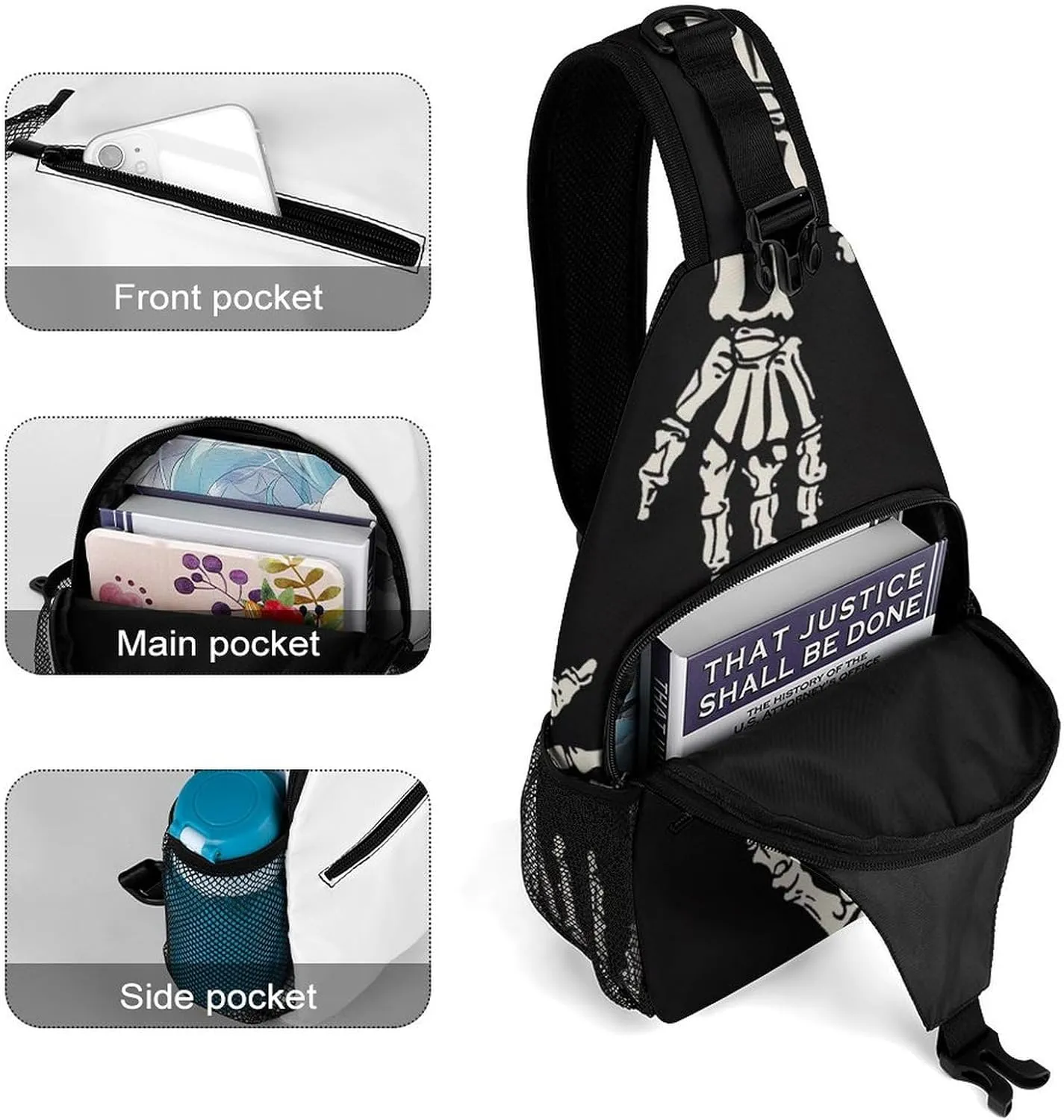 Supdreamc Men & Women Sling Backpack Gym Bags Sack Daypack Outdoor Backpack - Anti-Theft Multipurpose Bookbag, Handy Crossbody Chest Rucksack - Heavy Metal Skull Skeleton Rock Hand