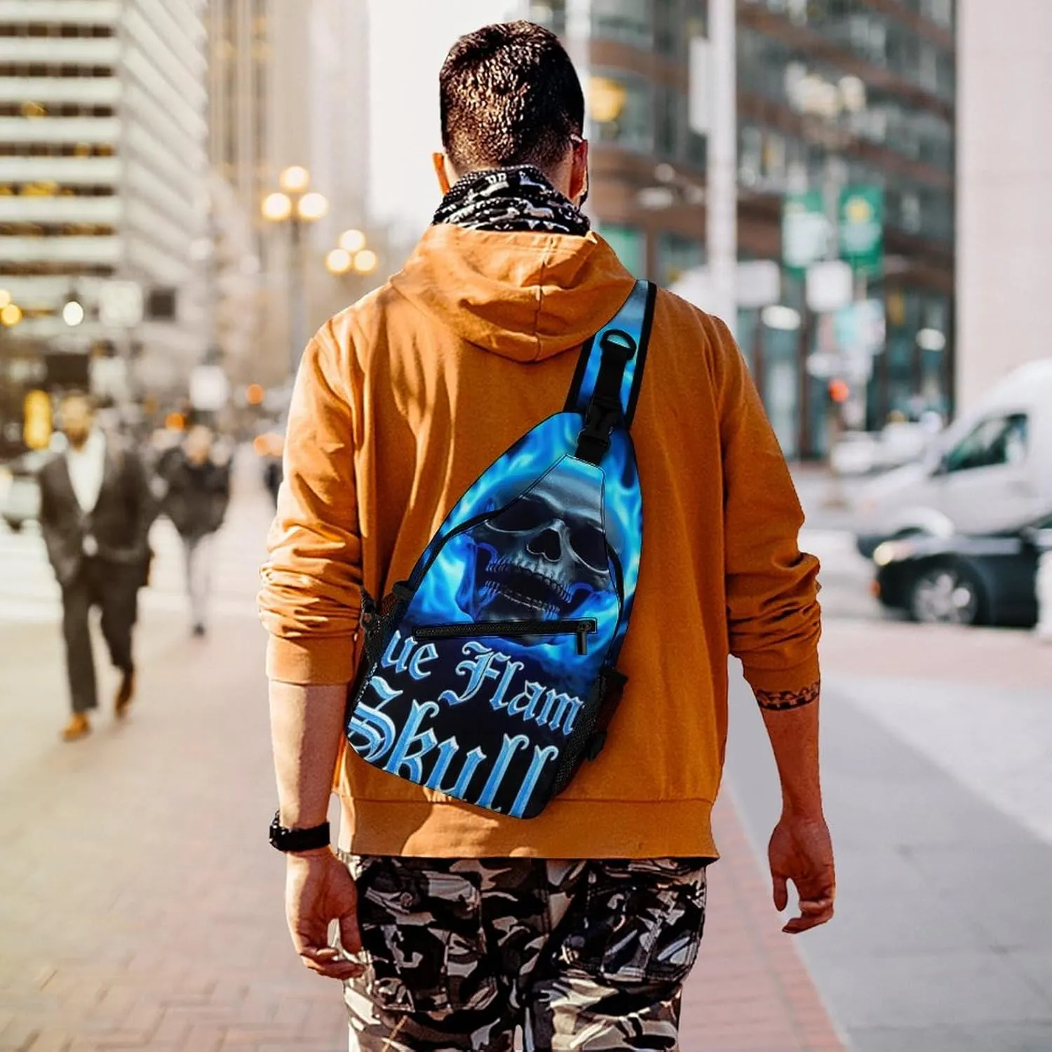 Supdreamc Men & Women Sling Bag Backpack Satchel Bookbags Travel Rucksack Daypack - Anti-Theft Multipurpose Blue Flaming Fire Skull Carry On Bag, Handy Crossbody Daypacks