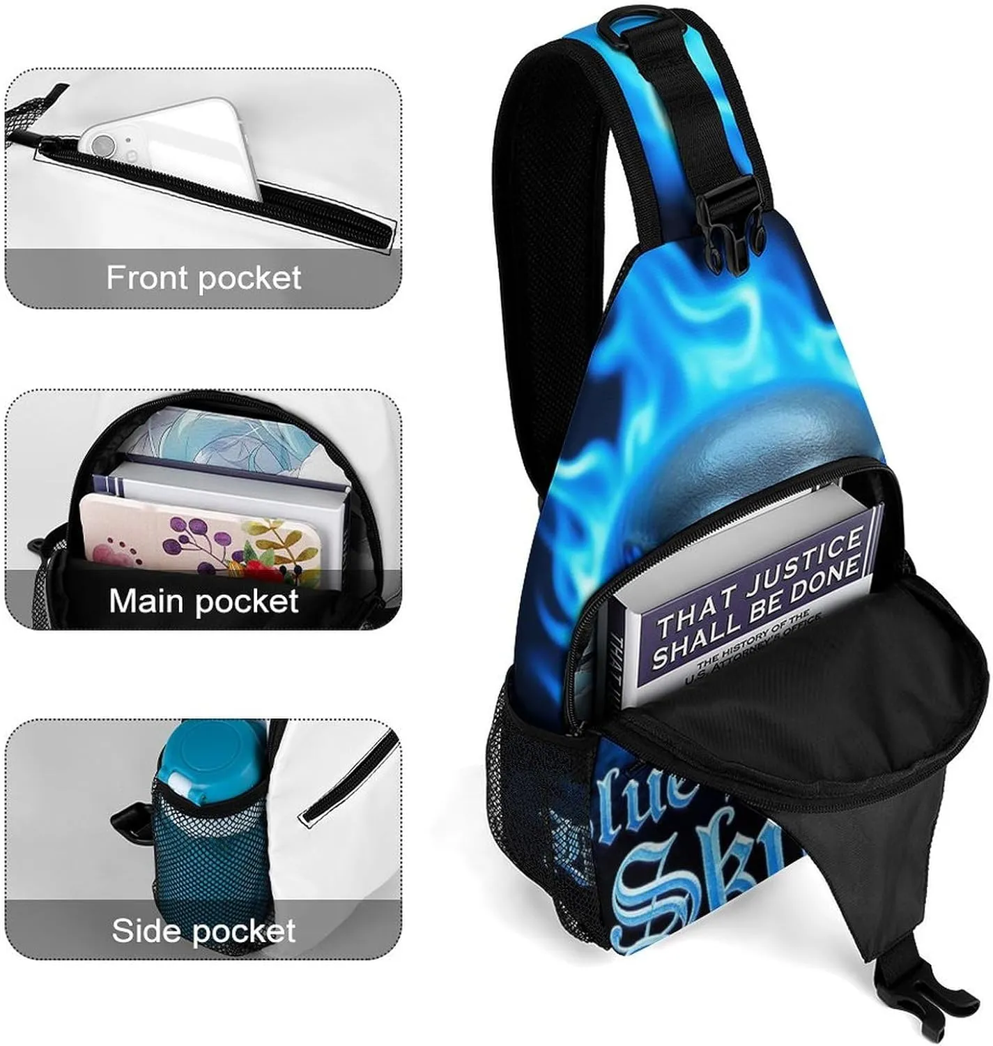Supdreamc Men & Women Sling Bag Backpack Satchel Bookbags Travel Rucksack Daypack - Anti-Theft Multipurpose Blue Flaming Fire Skull Carry On Bag, Handy Crossbody Daypacks