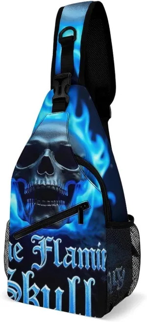 Supdreamc Men & Women Sling Bag Backpack Satchel Bookbags Travel Rucksack Daypack - Anti-Theft Multipurpose Blue Flaming Fire Skull Carry On Bag, Handy Crossbody Daypacks