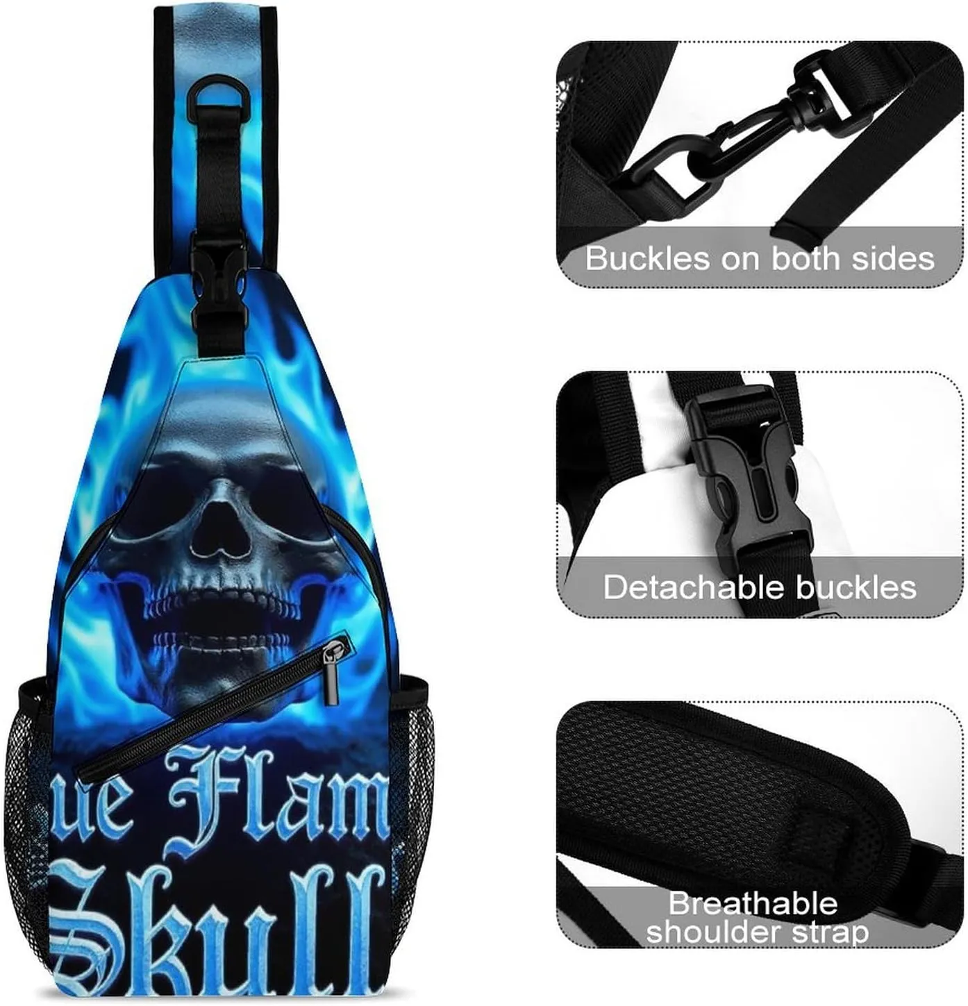 Supdreamc Men & Women Sling Bag Backpack Satchel Bookbags Travel Rucksack Daypack - Anti-Theft Multipurpose Blue Flaming Fire Skull Carry On Bag, Handy Crossbody Daypacks