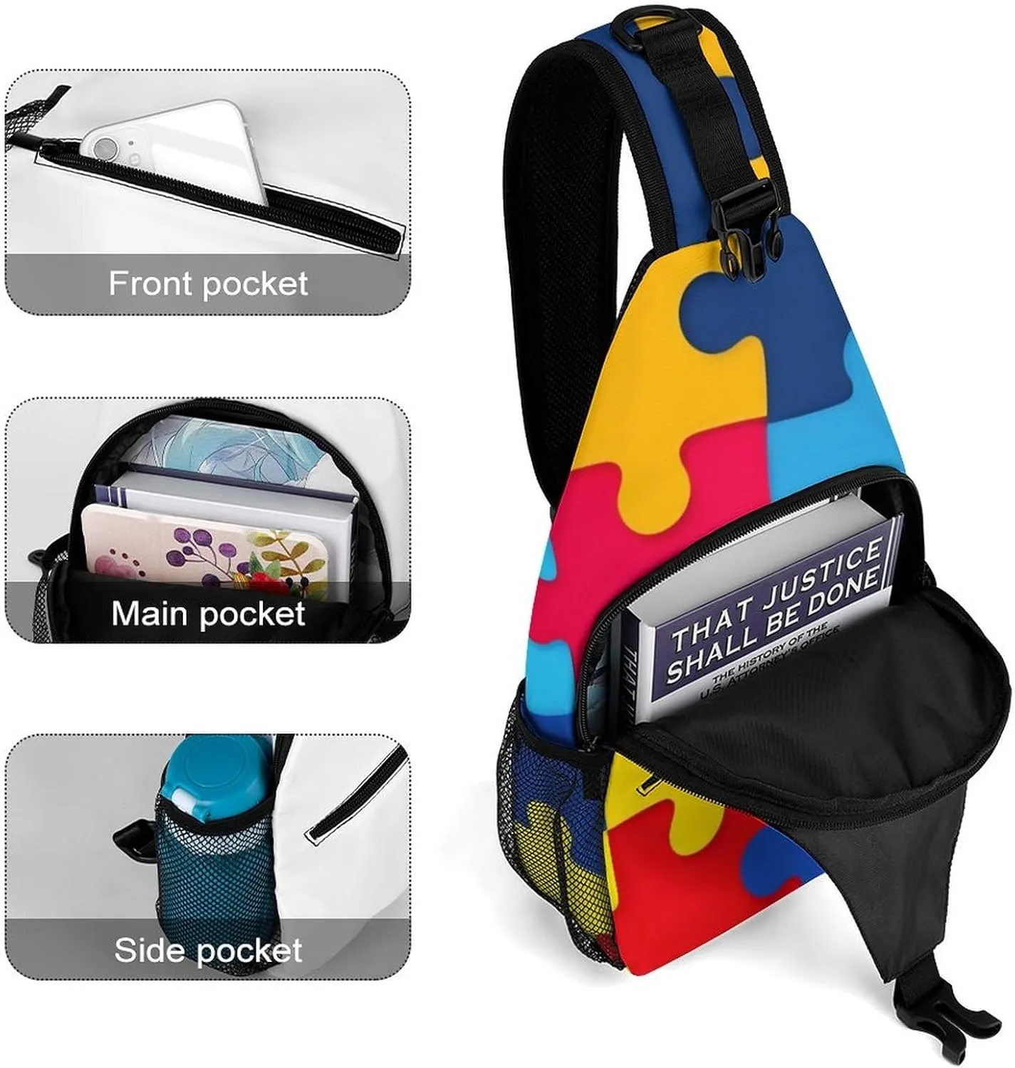 Supdreamc Men & Women Sling Shoulder Backpack Casual Carrying Tote Case Crossbody Travel Bag - Anti-Theft Multipurpose Carry On Bag, Autism Awareness Colorful Puzzles Crossbody Bag