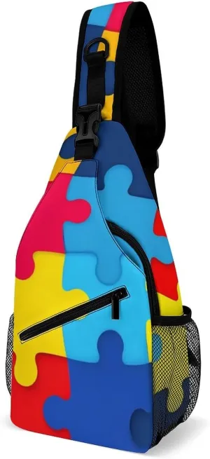 Supdreamc Men & Women Sling Shoulder Backpack Casual Carrying Tote Case Crossbody Travel Bag - Anti-Theft Multipurpose Carry On Bag, Autism Awareness Colorful Puzzles Crossbody Bag