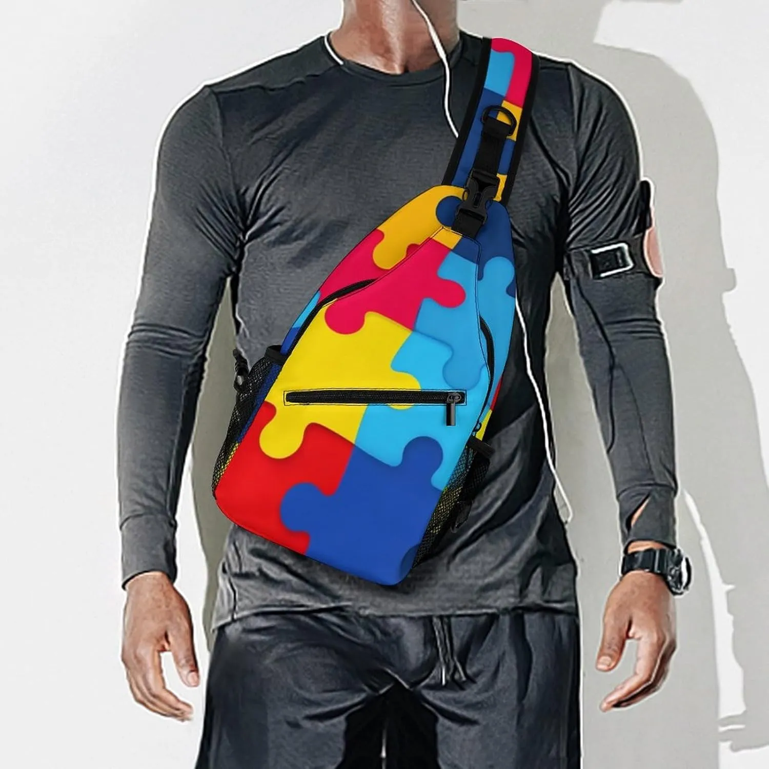 Supdreamc Men & Women Sling Shoulder Backpack Casual Carrying Tote Case Crossbody Travel Bag - Anti-Theft Multipurpose Carry On Bag, Autism Awareness Colorful Puzzles Crossbody Bag