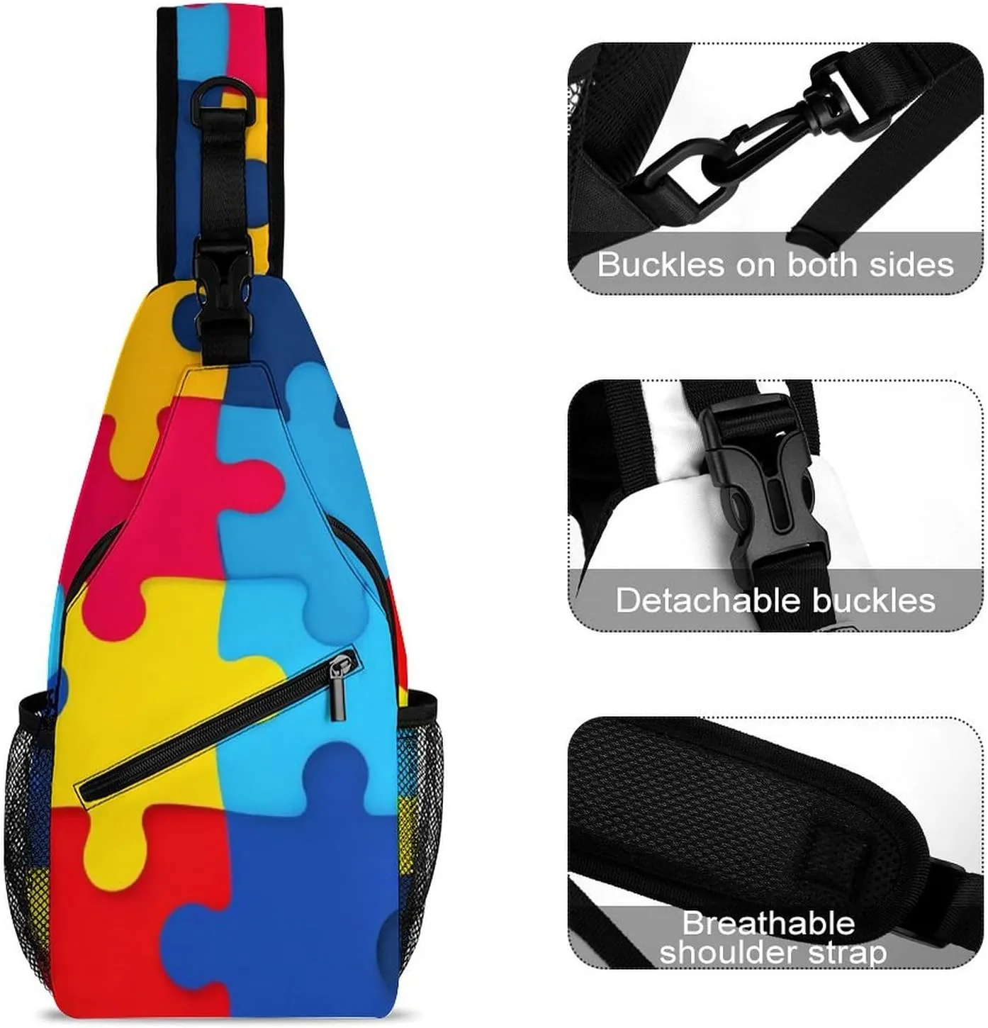 Supdreamc Men & Women Sling Shoulder Backpack Casual Carrying Tote Case Crossbody Travel Bag - Anti-Theft Multipurpose Carry On Bag, Autism Awareness Colorful Puzzles Crossbody Bag
