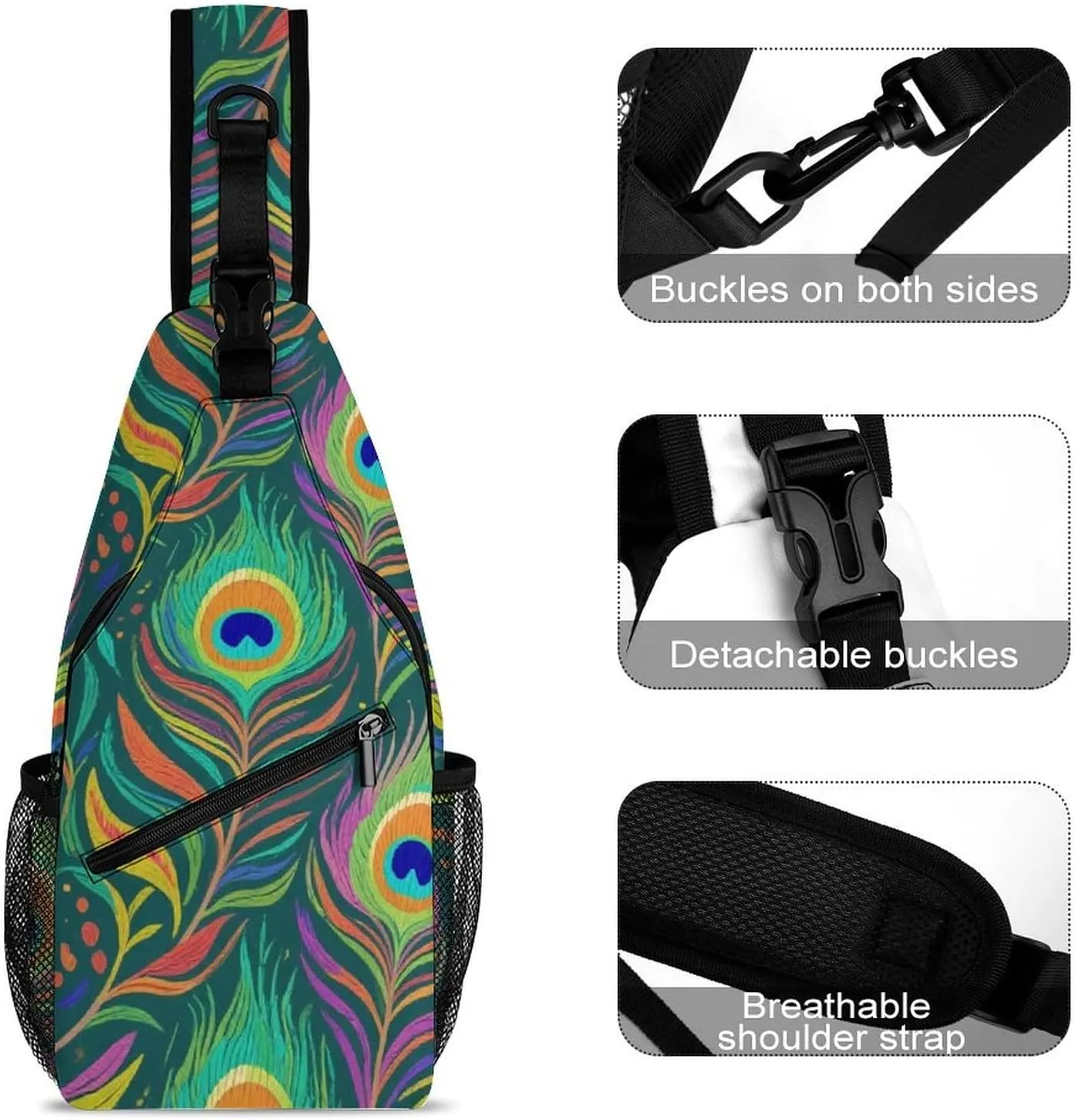 Supdreamc Men & Women Sling Shoulder Backpack Chic Animal Beautiful Peacock Feather Art Outdoor Sport Daypack Travel Bag - Multipurpose Anti-Theft Tote Bags, Durable Crossbody Shoulder Bag