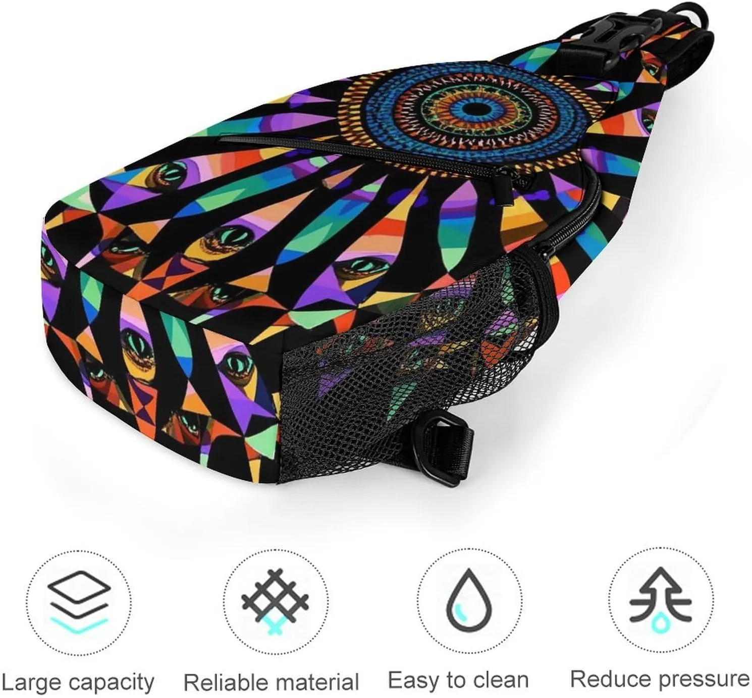 Supdreamc Men Sling Backpack Foldable Compact Chest Bag Rucksack - Colorful Trippy Kaleidoscope Pattern Anti-Theft Multipurpose Backpacking Bookbag With Adjustable Shoulder Strap