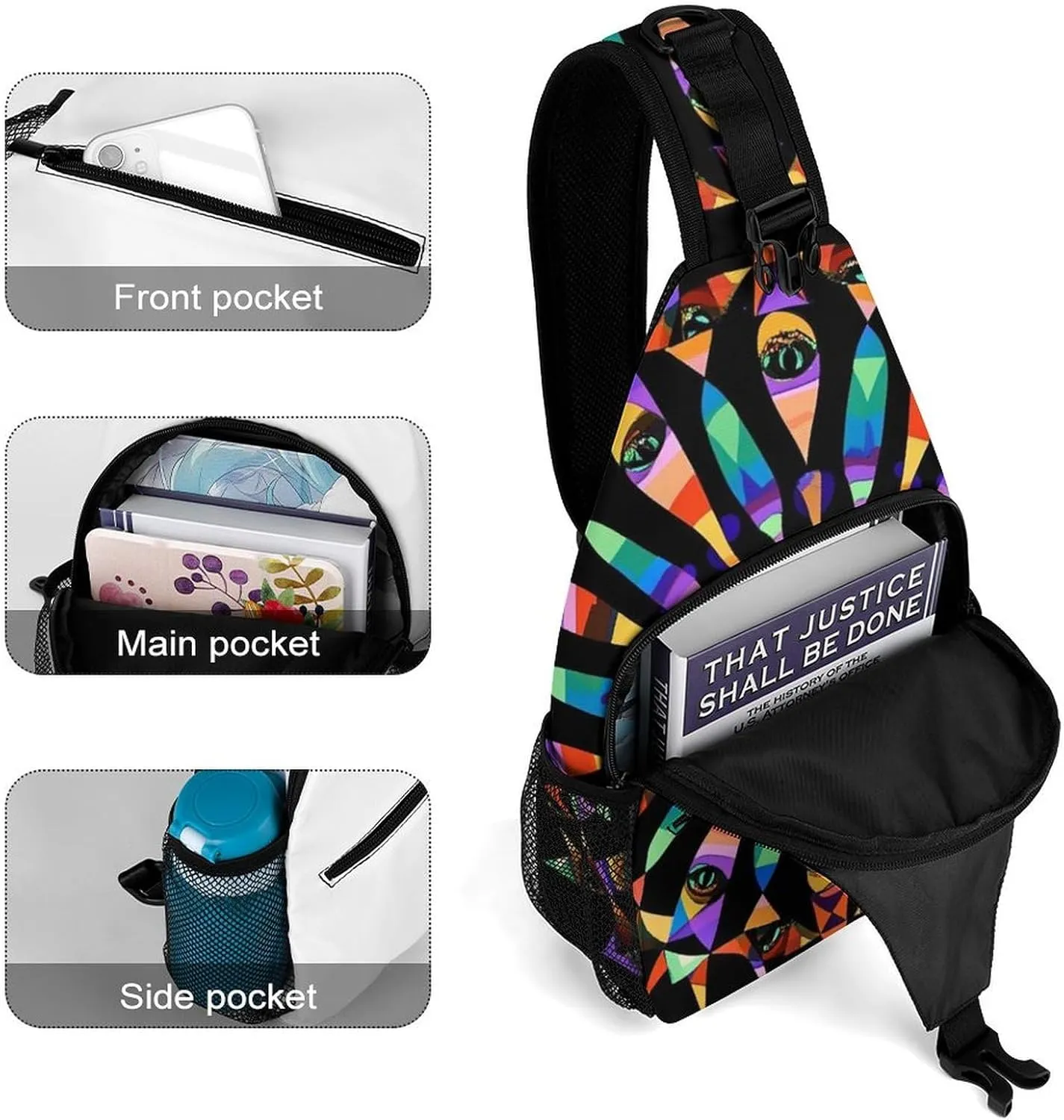 Supdreamc Men Sling Backpack Foldable Compact Chest Bag Rucksack - Colorful Trippy Kaleidoscope Pattern Anti-Theft Multipurpose Backpacking Bookbag With Adjustable Shoulder Strap
