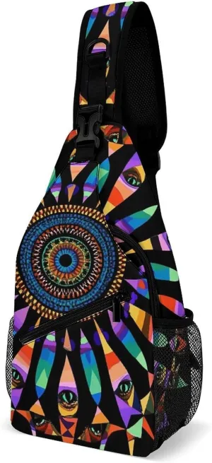Supdreamc Men Sling Backpack Foldable Compact Chest Bag Rucksack - Colorful Trippy Kaleidoscope Pattern Anti-Theft Multipurpose Backpacking Bookbag With Adjustable Shoulder Strap