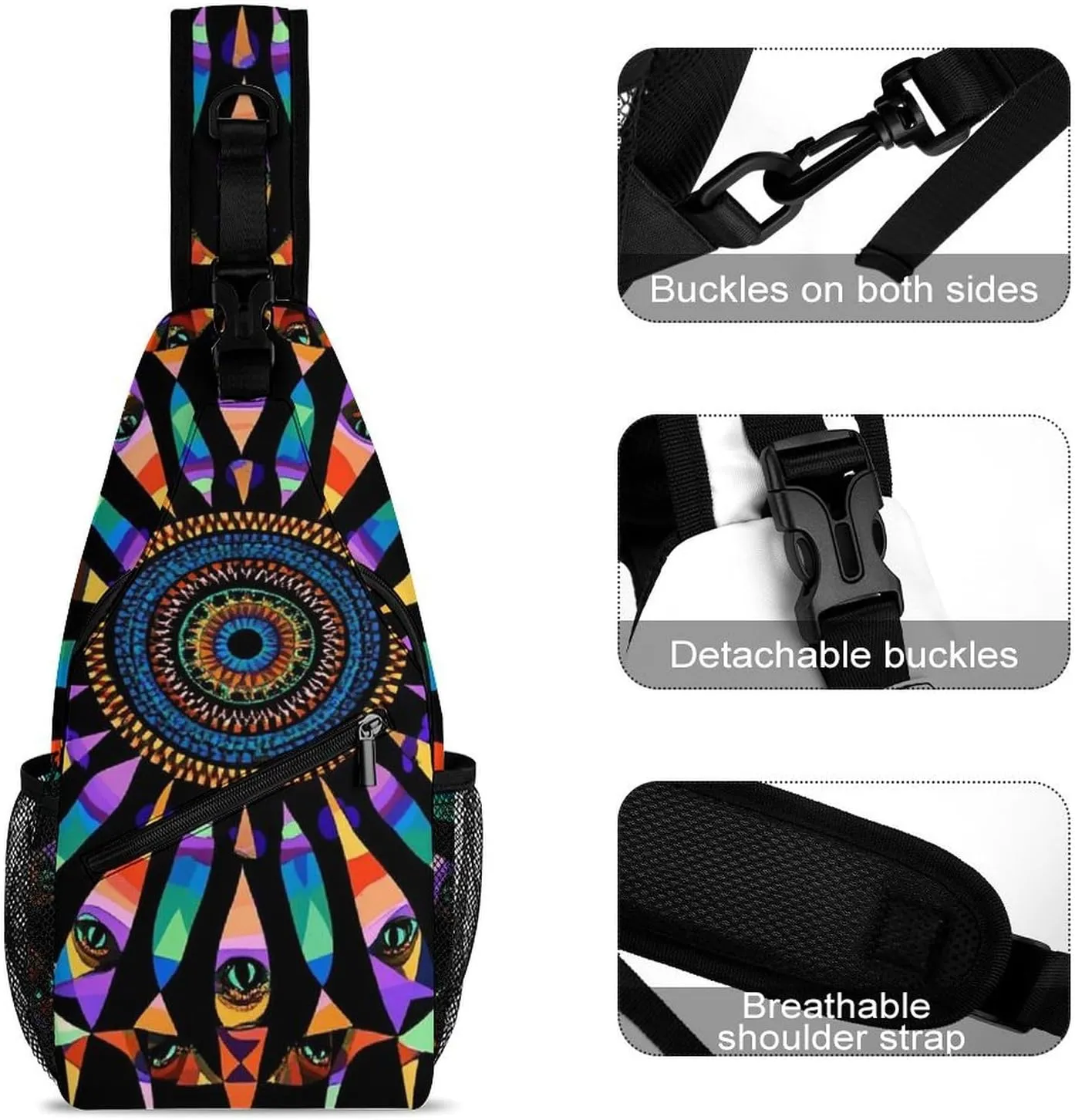 Supdreamc Men Sling Backpack Foldable Compact Chest Bag Rucksack - Colorful Trippy Kaleidoscope Pattern Anti-Theft Multipurpose Backpacking Bookbag With Adjustable Shoulder Strap