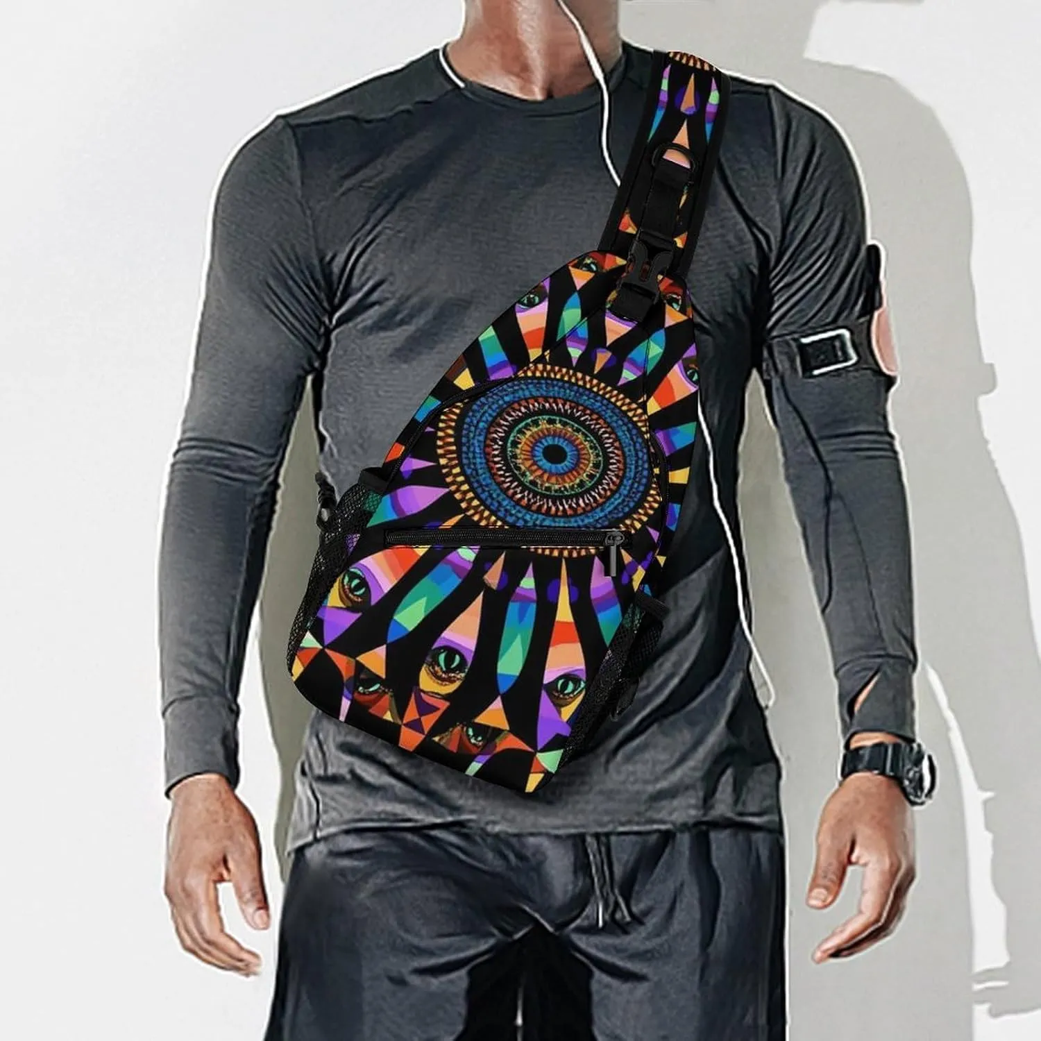 Supdreamc Men Sling Backpack Foldable Compact Chest Bag Rucksack - Colorful Trippy Kaleidoscope Pattern Anti-Theft Multipurpose Backpacking Bookbag With Adjustable Shoulder Strap