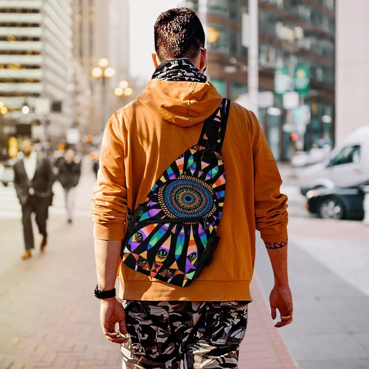 Supdreamc Men Sling Backpack Foldable Compact Chest Bag Rucksack - Colorful Trippy Kaleidoscope Pattern Anti-Theft Multipurpose Backpacking Bookbag With Adjustable Shoulder Strap