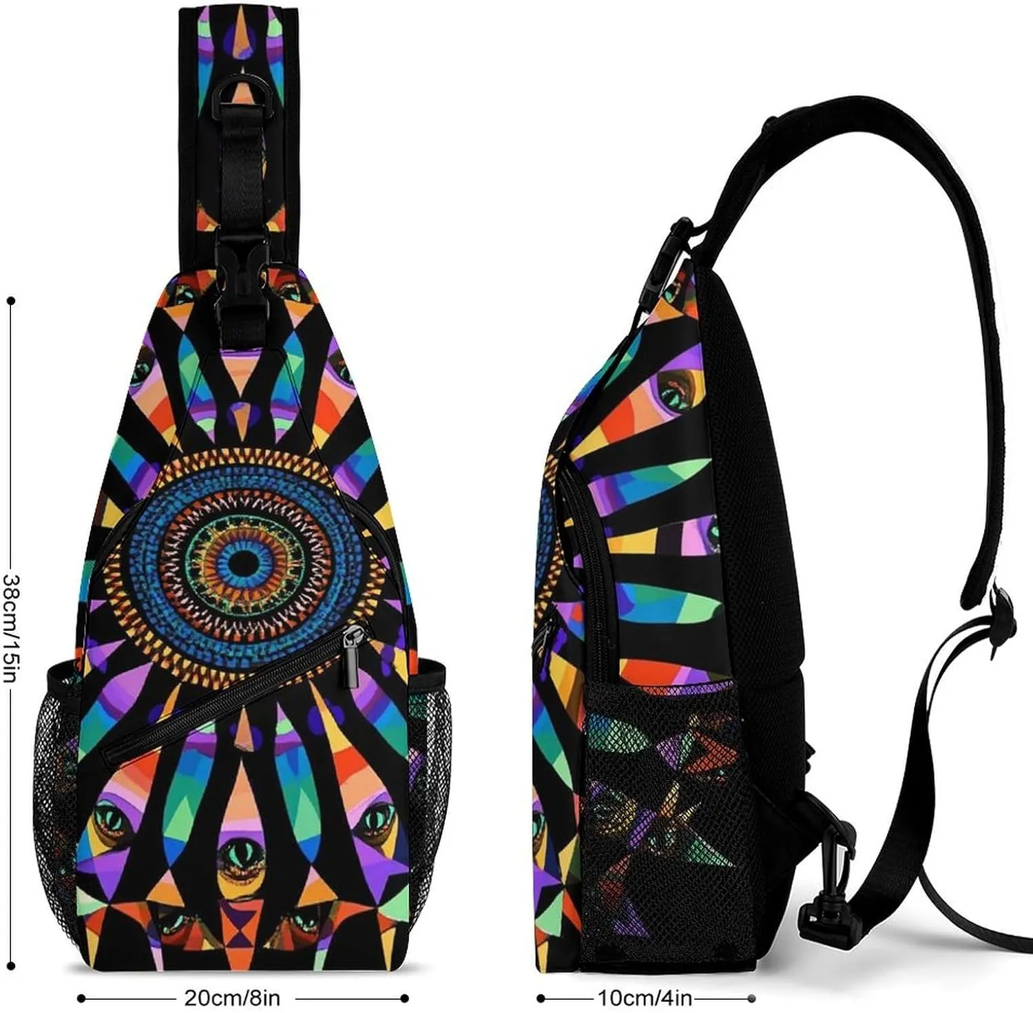 Supdreamc Men Sling Backpack Foldable Compact Chest Bag Rucksack - Colorful Trippy Kaleidoscope Pattern Anti-Theft Multipurpose Backpacking Bookbag With Adjustable Shoulder Strap