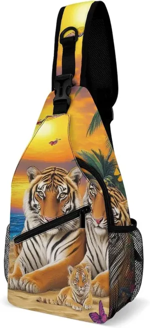 Supdreamc Men Sling Shoulder Backpack Foldable Handy Shoulder Chest Crossbody Bag - Tropical Tiger Animal World King Art Anti-Theft Rucksack Messenger Bag With Adjustable Shoulder Strap