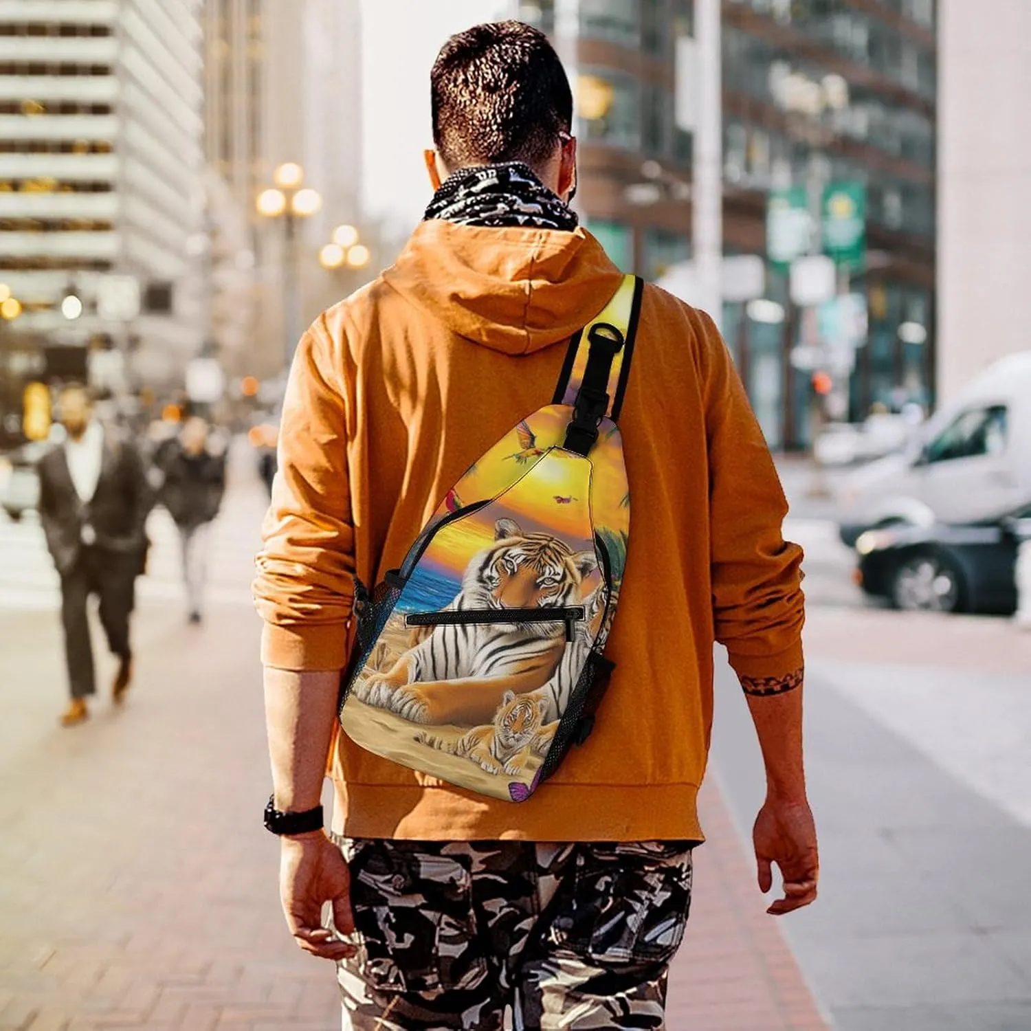 Supdreamc Men Sling Shoulder Backpack Foldable Handy Shoulder Chest Crossbody Bag - Tropical Tiger Animal World King Art Anti-Theft Rucksack Messenger Bag With Adjustable Shoulder Strap
