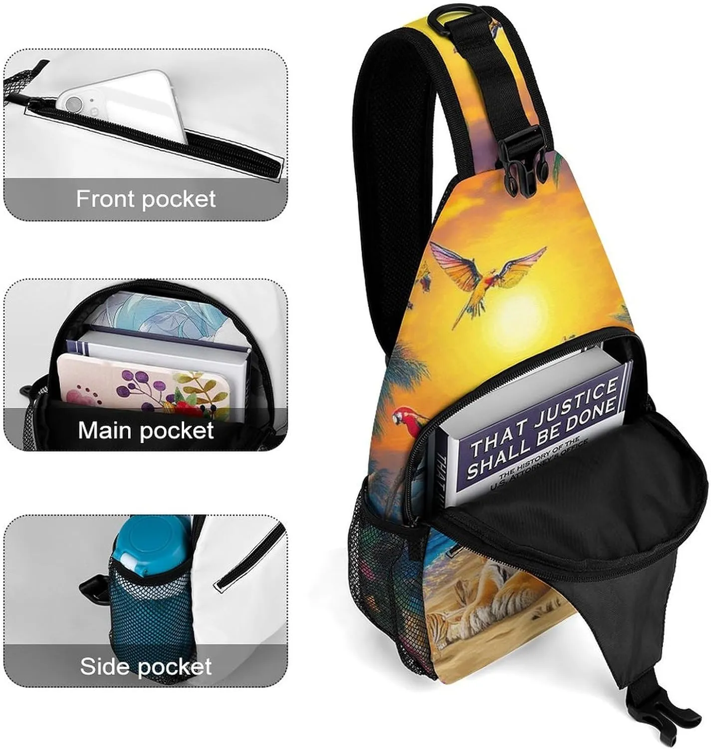 Supdreamc Men Sling Shoulder Backpack Foldable Handy Shoulder Chest Crossbody Bag - Tropical Tiger Animal World King Art Anti-Theft Rucksack Messenger Bag With Adjustable Shoulder Strap